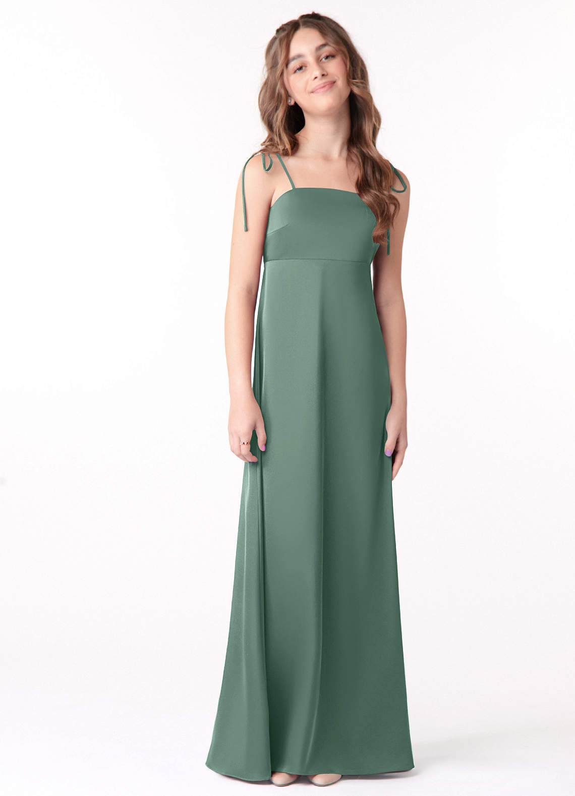 Azazie Violeta Junior Eucalyptus A-Line Bow Stretch Satin Dress image1