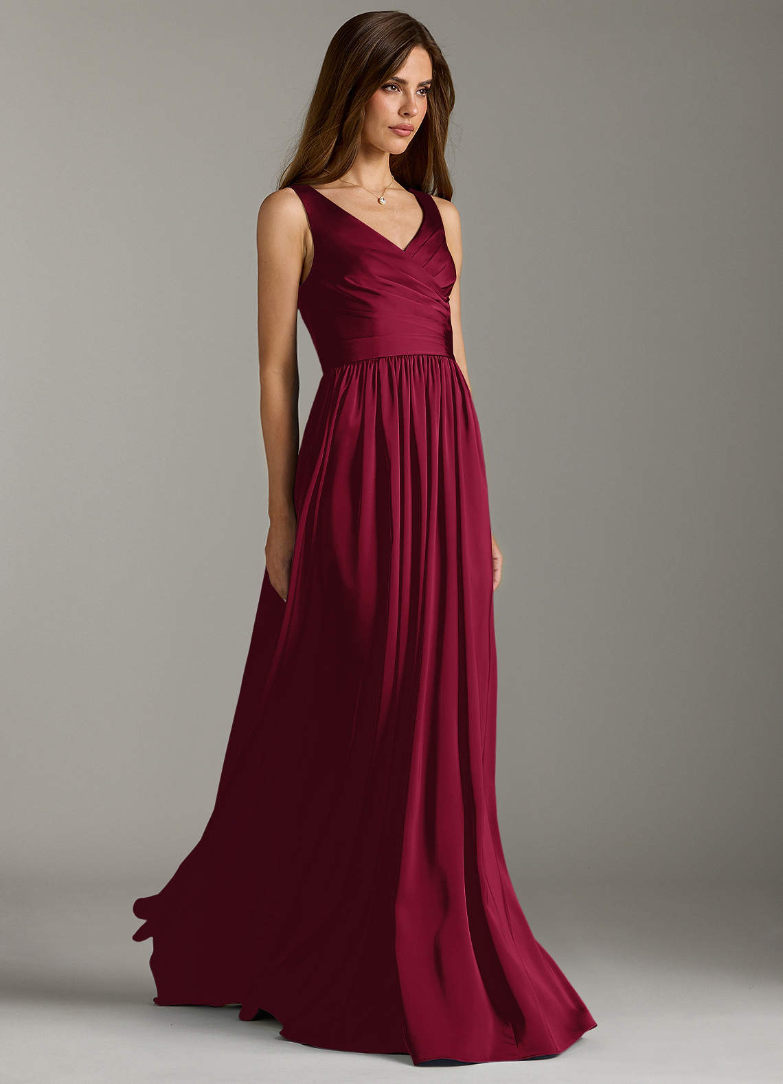 Azazie Keyla Bridesmaid Dresses Burgundy A-Line Pleated Stretch Satin Dress image1