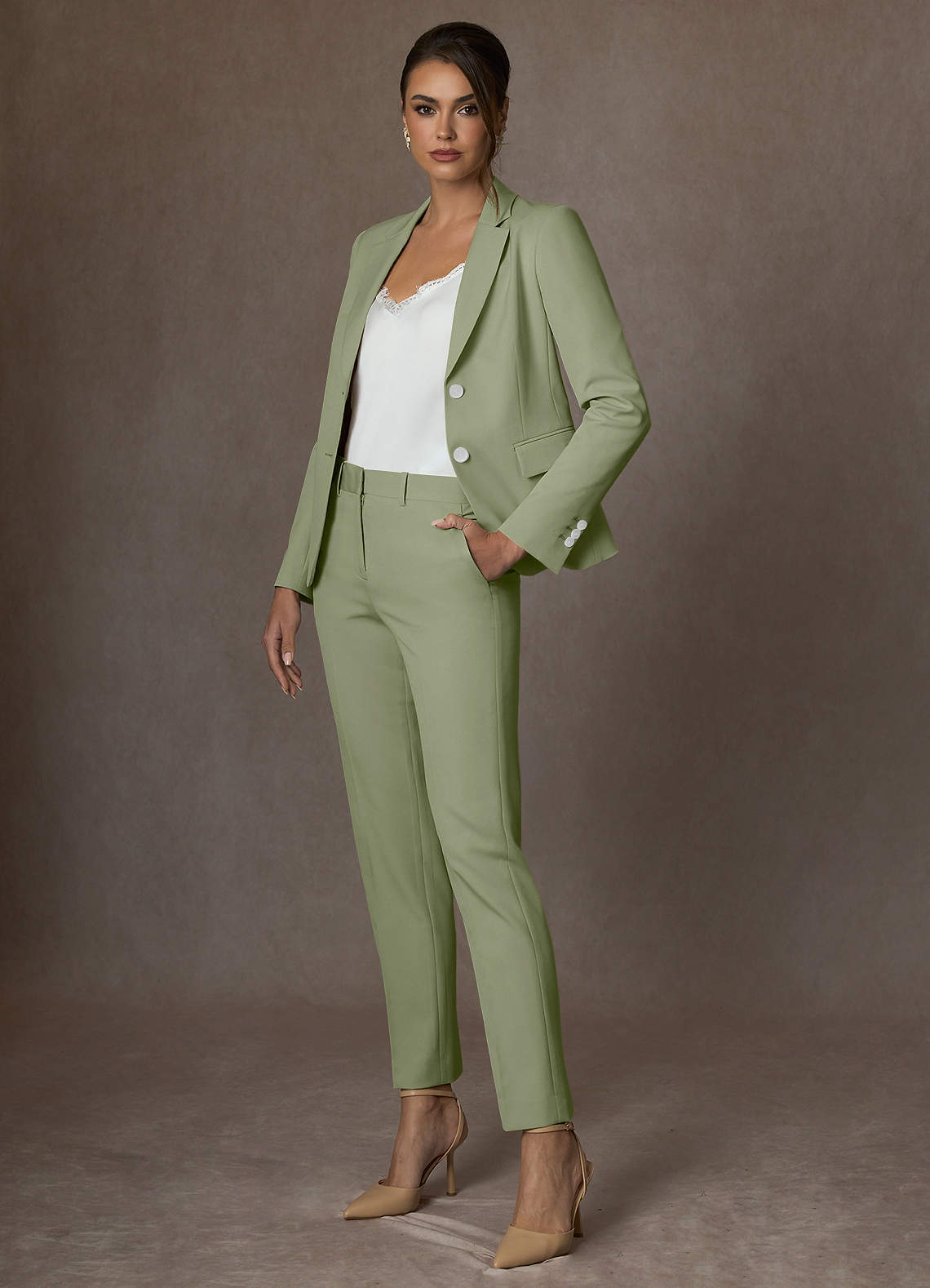 front Whitney Pistachio Structured Stretch Full Length Dress Pants
