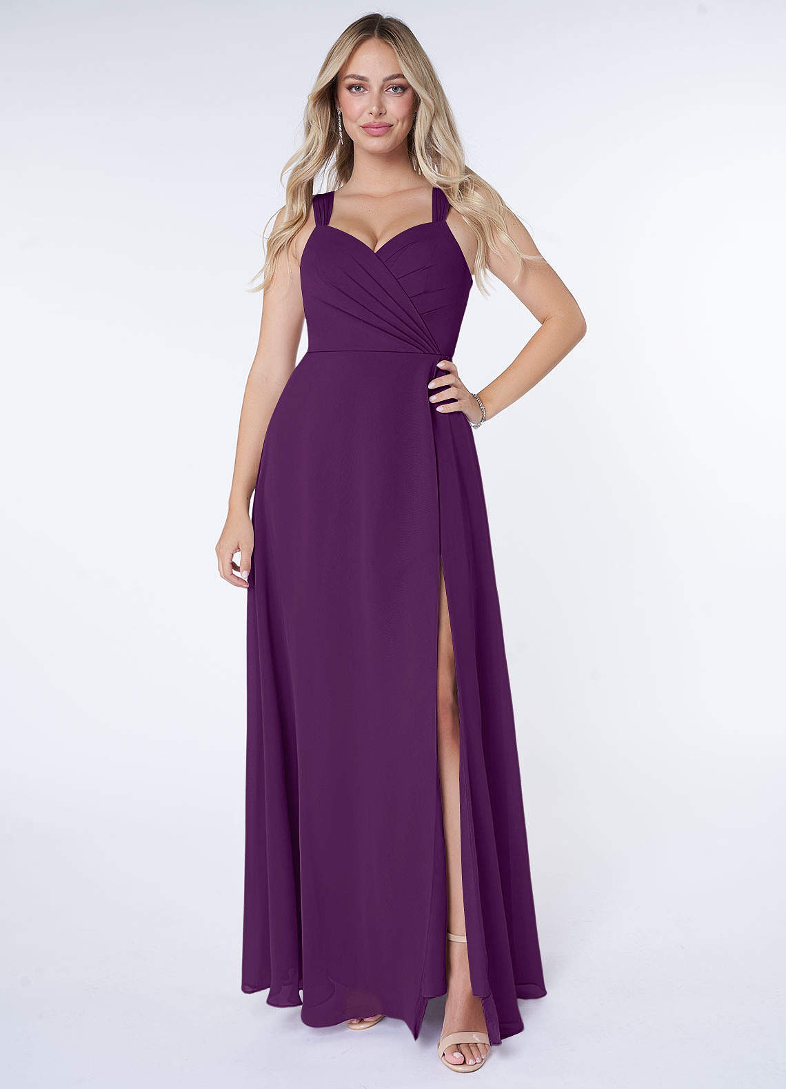 Azazie Nahrin Bridesmaid Dresses Grape A-Line V-Neck Pleated Chiffon Dress image1