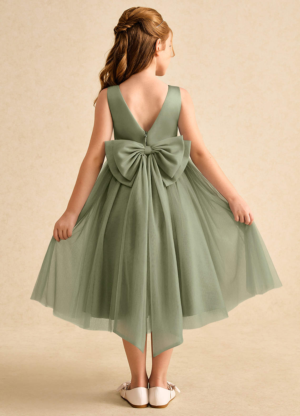 Azazie Winnie Flower Girl Dresses Pistachio Ball-Gown Bow Tulle Dress image1