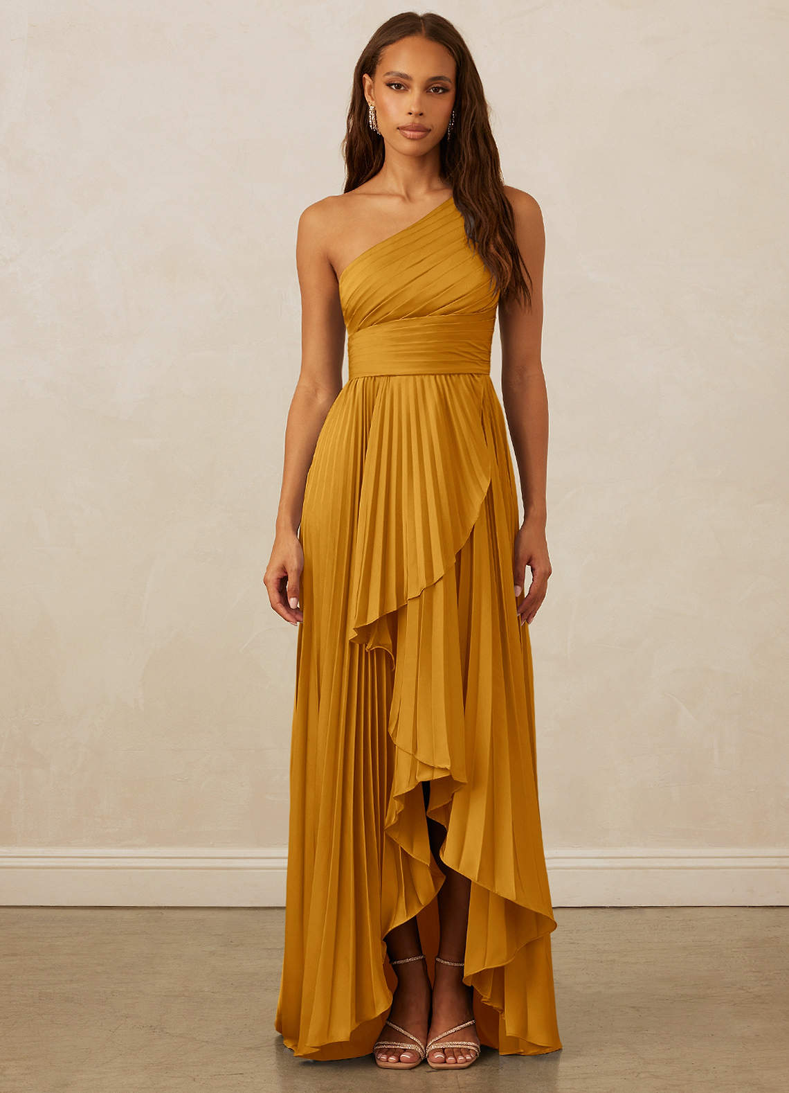 Christian Siriano Bridal for Azazie 1008 Bridesmaid Dresses Butterscotch A-Line One Shoulder Stretch Satin Dress image1