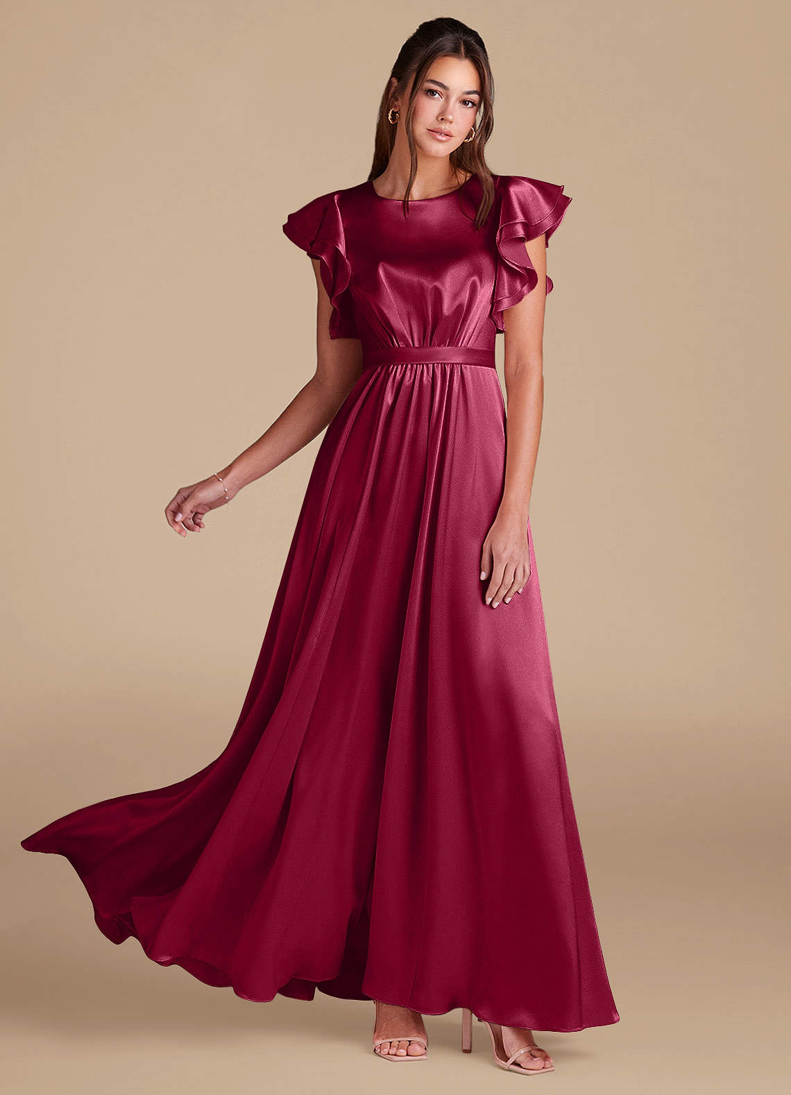 Azazie Daphne Modest Bridesmaid Dresses A-Line Ruched Metallic Satin Floor-Length Dress image1