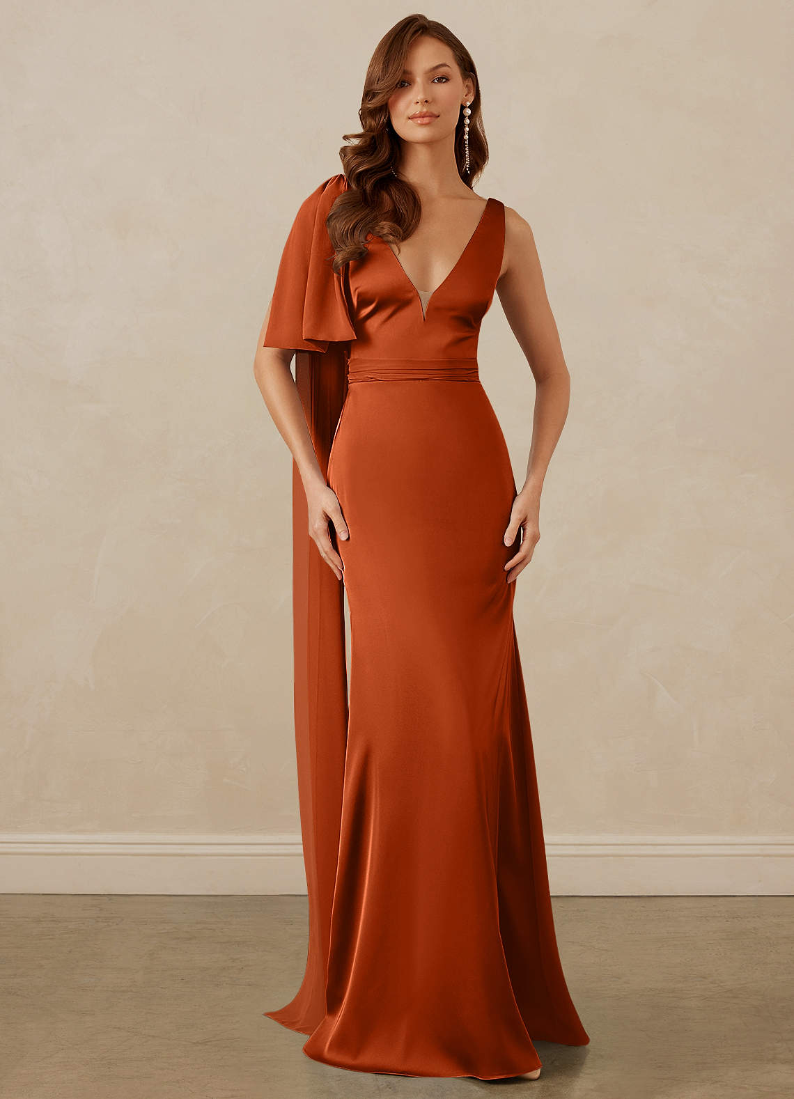 Christian Siriano Bridal for Azazie 1011 Bridesmaid Dresses Burnt Orange Mermaid Bow Stretch Satin Dress image1