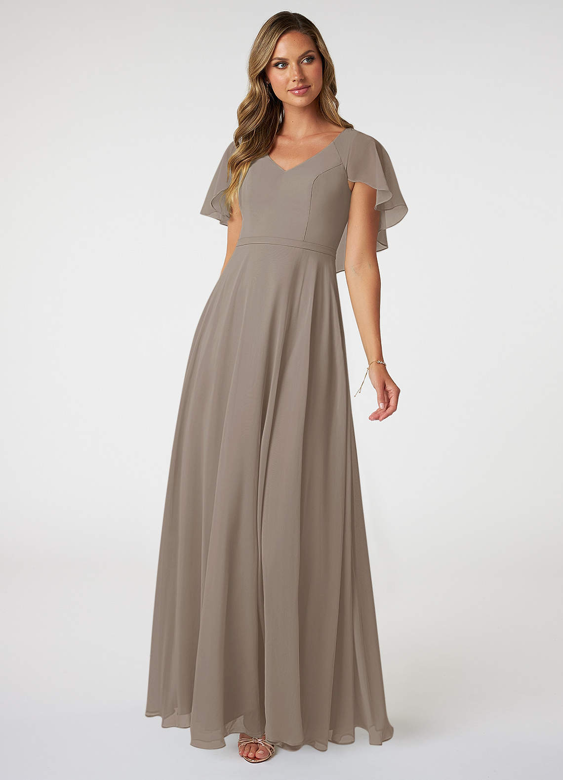 Azazie Jamie Bridesmaid Dresses Taupe A-Line Chiffon Dress image1