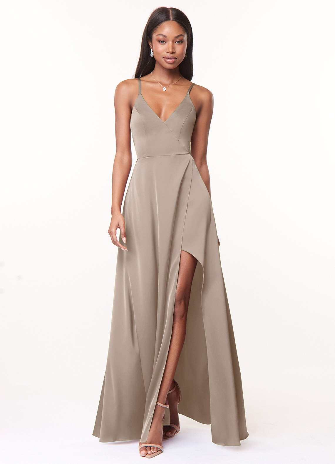 sandy taupe bridesmaid dresses Azazie A-Line V-Neck Floor-Length Stretch Satin Material:Chiffon CAICJ98 Fall Sweaters Womens Category_Beaded Gowns Please keep an eye