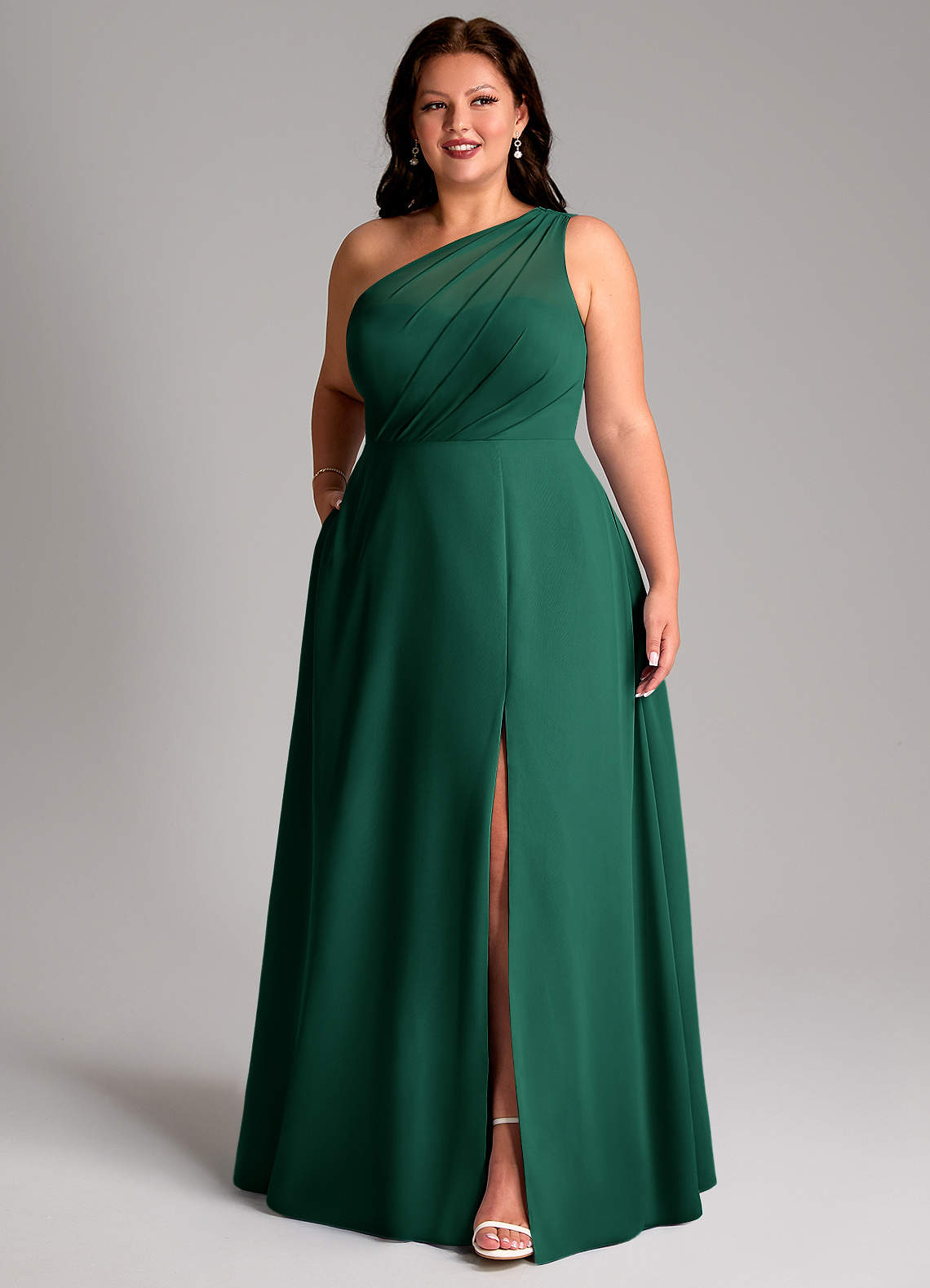 Azazie Phaedra Vestidos de madrinha de casamento Vestido Esmeralda de Chiffon de Linha A com Um ombro image11