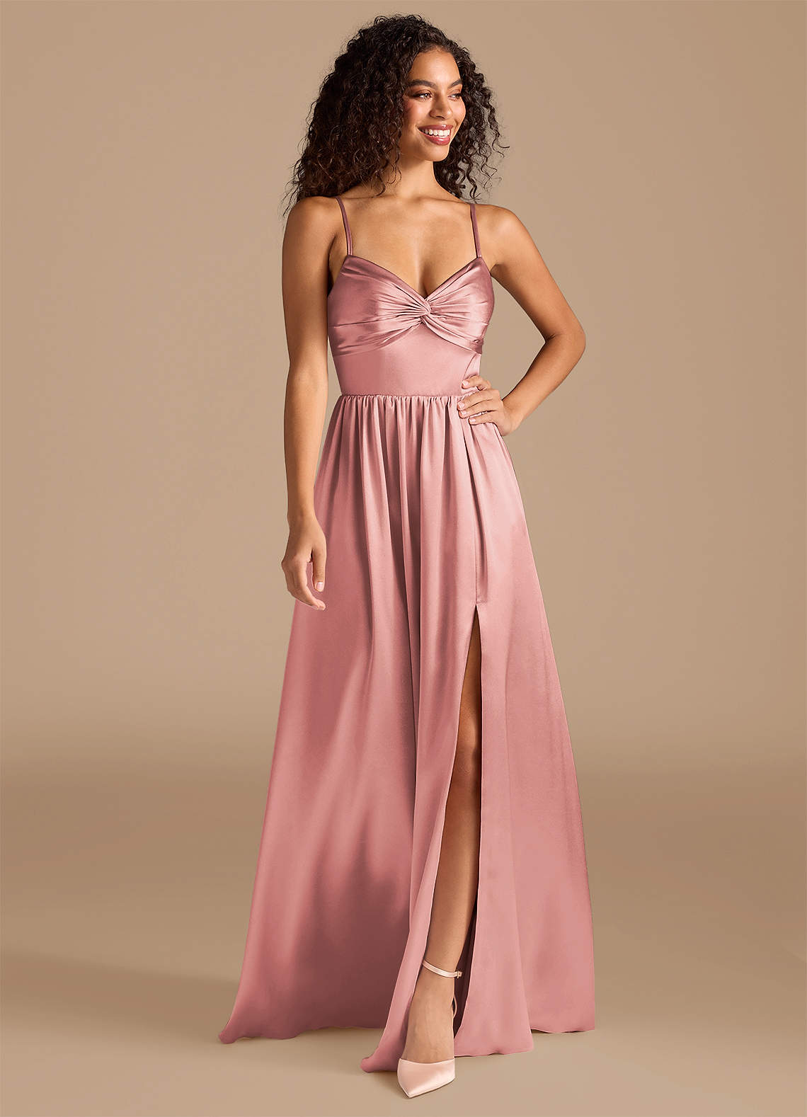Azazie Zeya Bridesmaid Dresses Dusty Rose A-Line Pleated Metallic Satin Dress image1