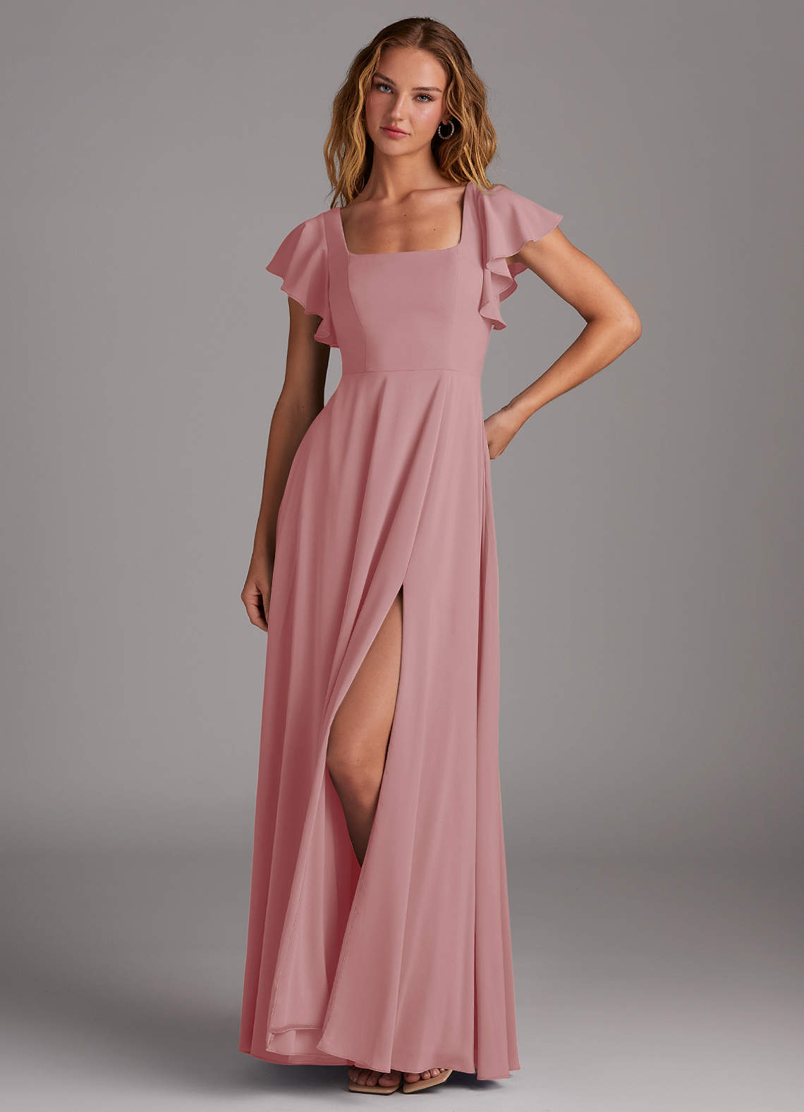 Azazie Bondi Vestidos de damas de honor Vestido de Rosa Polvorienta de Chifón elástico de Corte en A con Corte Lateral image1