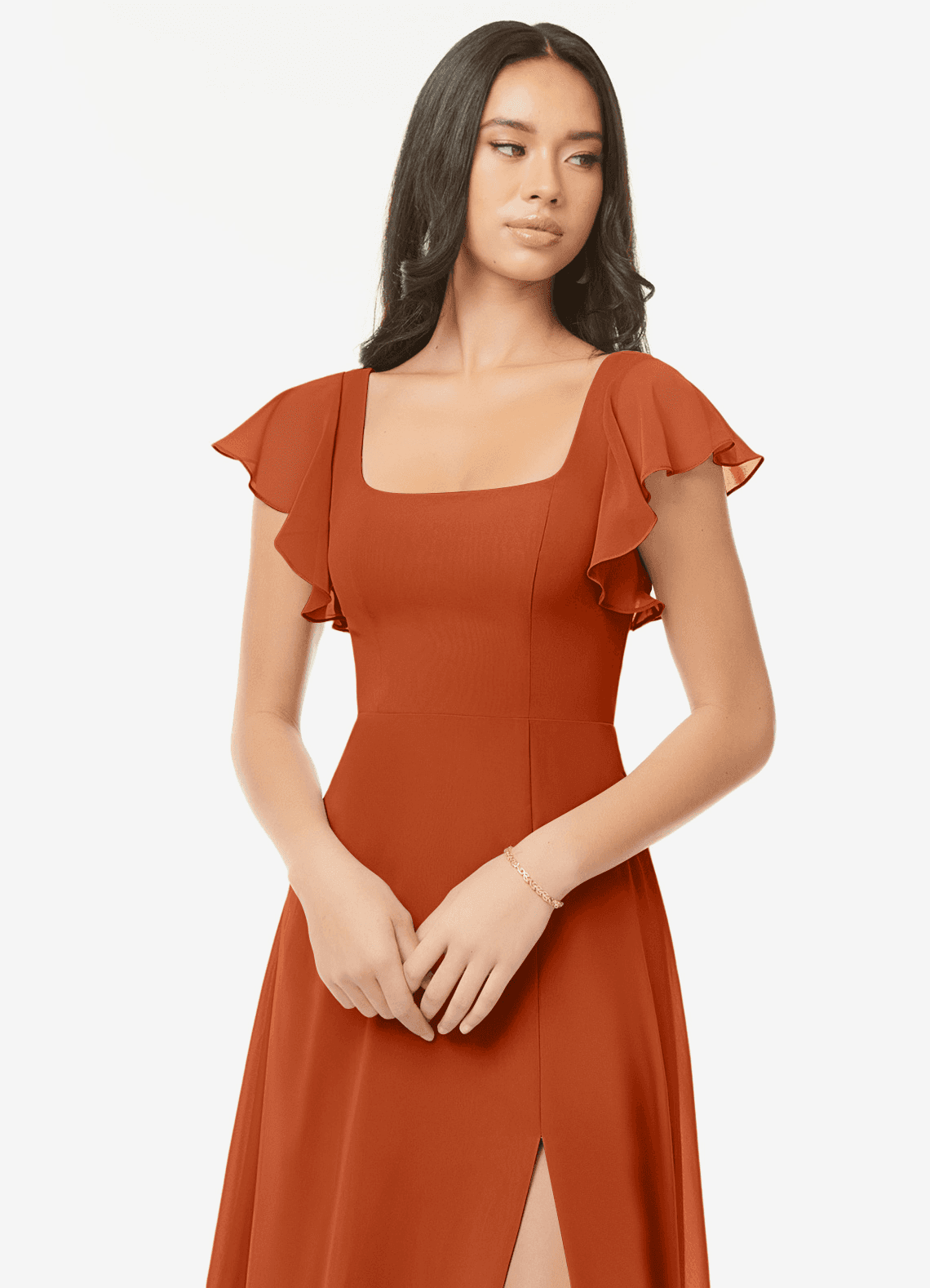 Azazie Bondi Bridesmaid Dresses Burnt Orange A-Line Ruffled Chiffon Dress image5