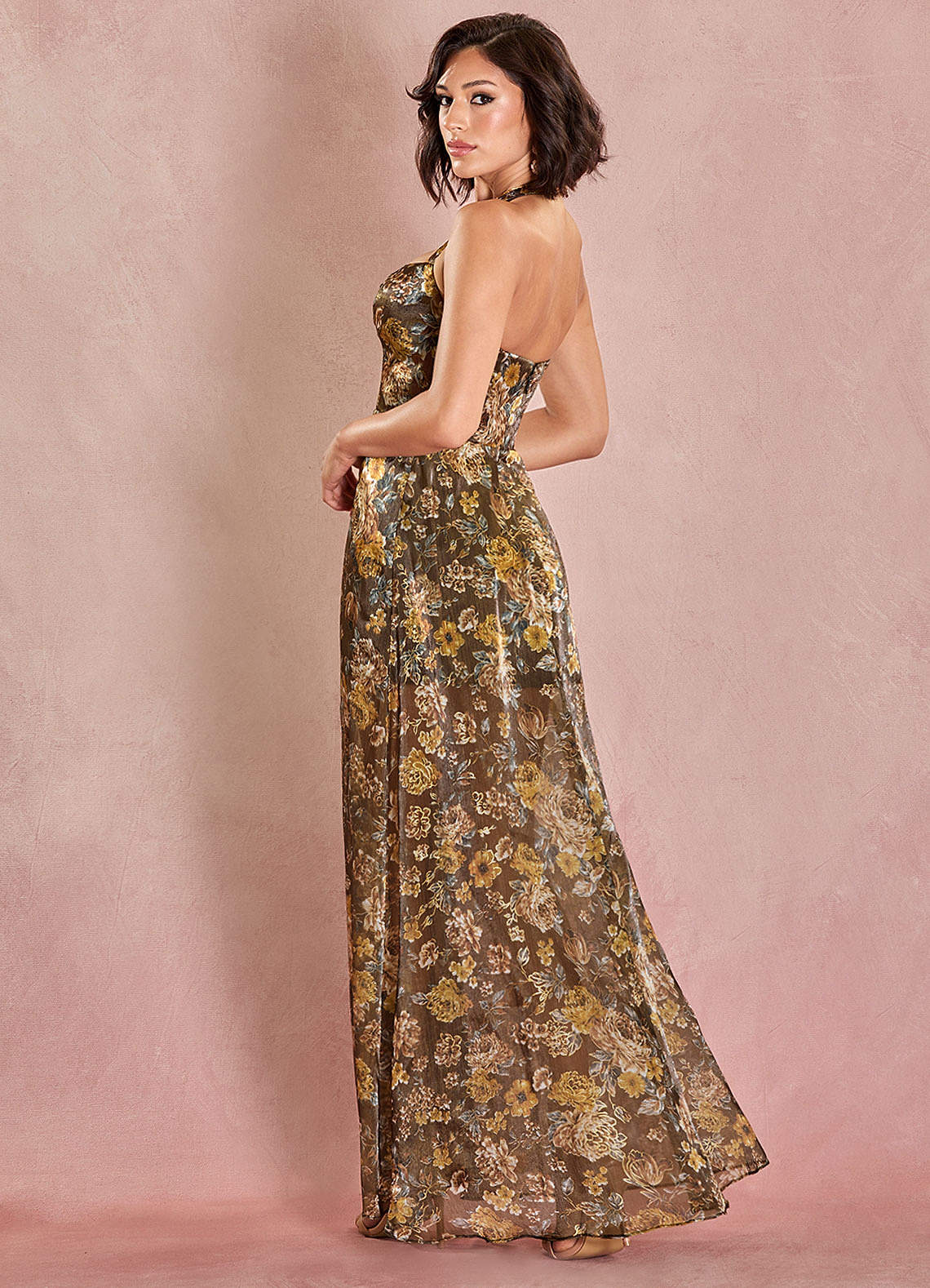 スーツ・フォーマル・ドレス Acka all sheer flower dress beige Amida Mocha Halter Maxi Dress Ready to Ship | Azazie