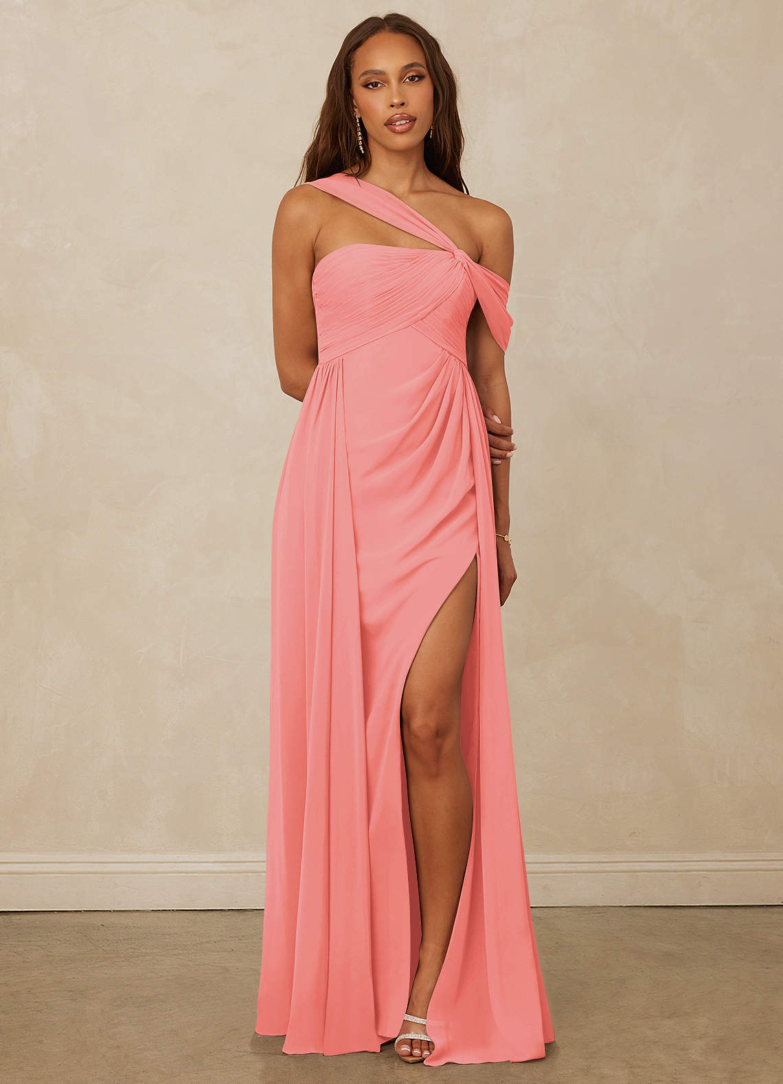 Christian Siriano Bridal for Azazie 1014 Bridesmaid Dresses Coral A-Line Off the Shoulder Chiffon Dress image1