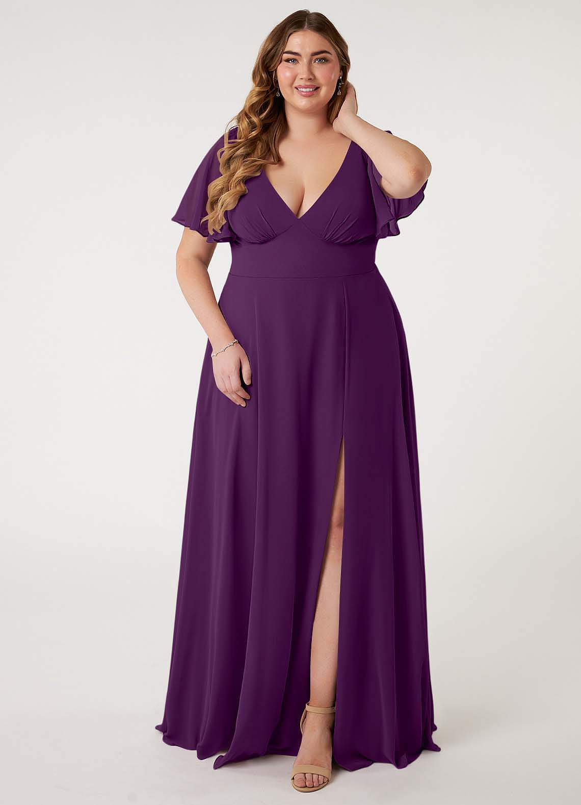 Azazie Kimber Bridesmaid Dresses Grape A-Line Flounce Sleeve Chiffon Dress image1