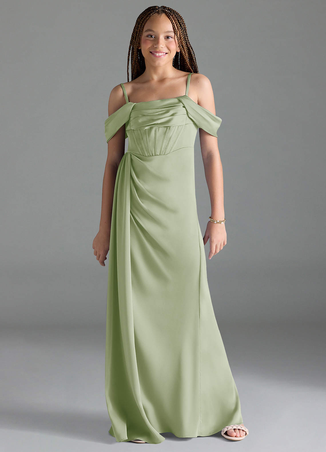 Azazie Amyra Junior Dusty Sage Sheath Off the Shoulder Stretch Satin Dress image1