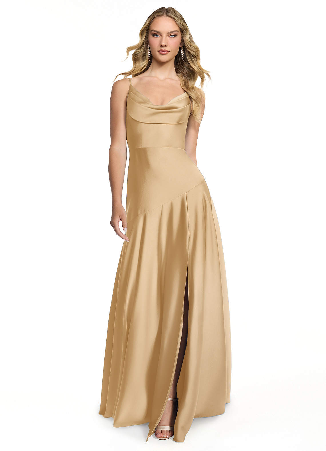 Azazie Kayla Bridesmaid Dresses Gold Sheath Side Slit Stretch Satin Dress image1