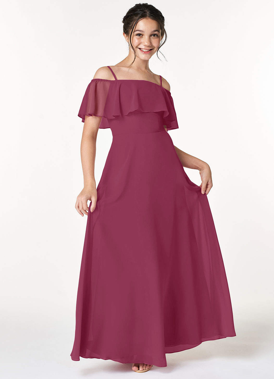 Azazie Maggie Junior Mulberry A-Line Off the Shoulder Chiffon Dress image1