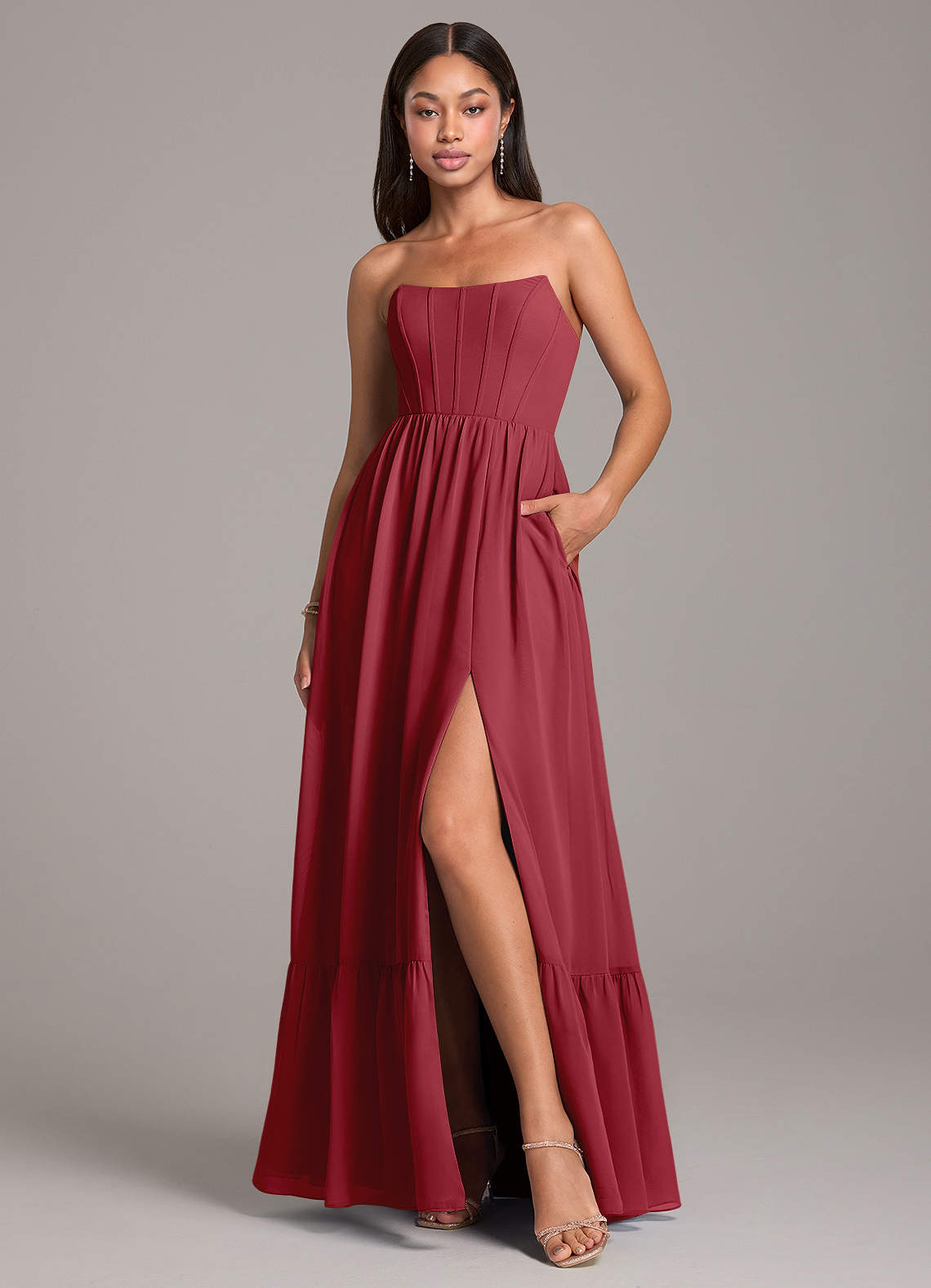 Azazie Kailee Bridesmaid Dresses Pomegranate A-Line with Pockets Chiffon Dress image1