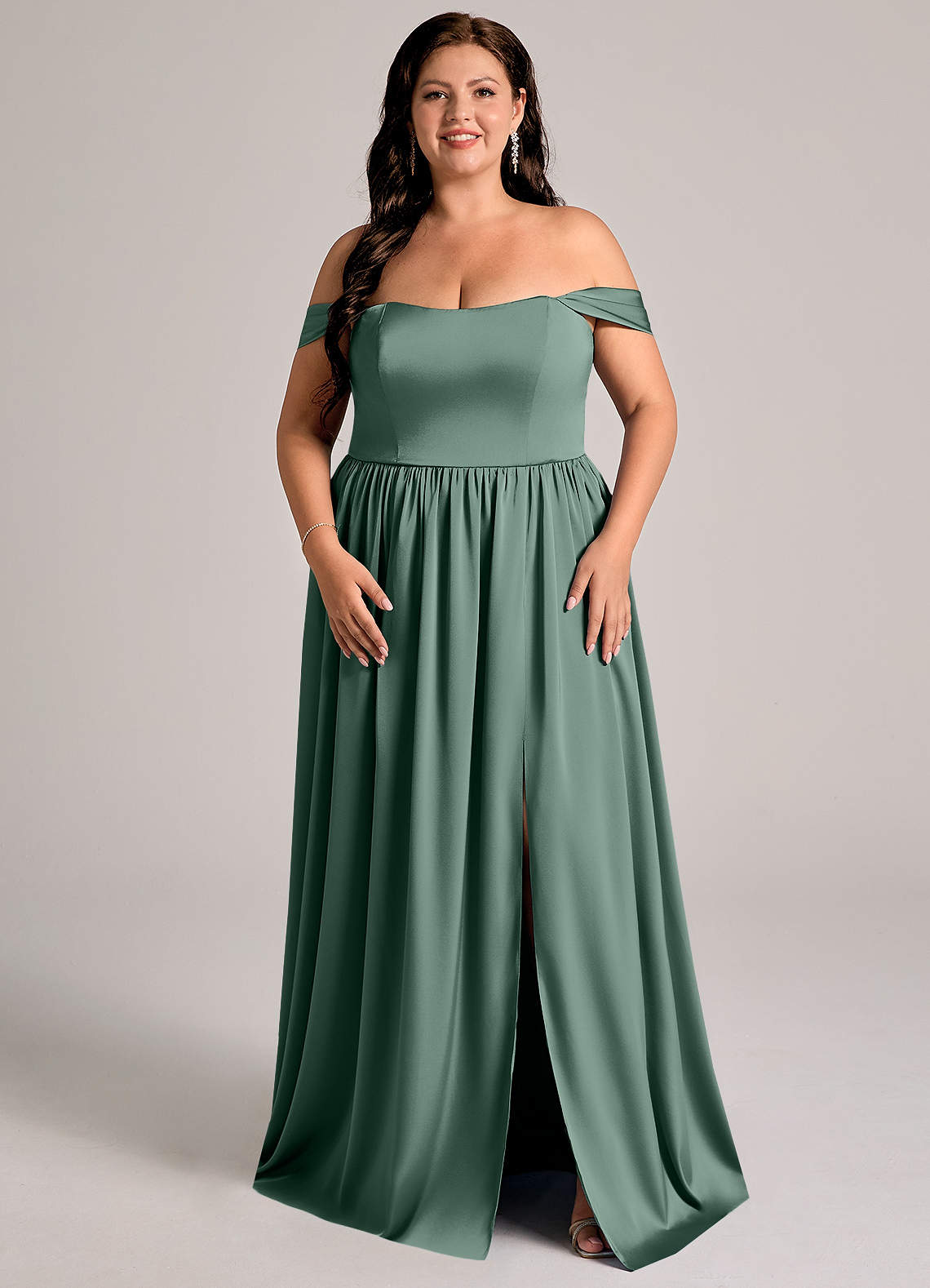 Azazie Calianna Brautjungfernkleider Wandelbar Eine Linie Schulterfrei Stretch-Satin Kleid Eukalyptus image1