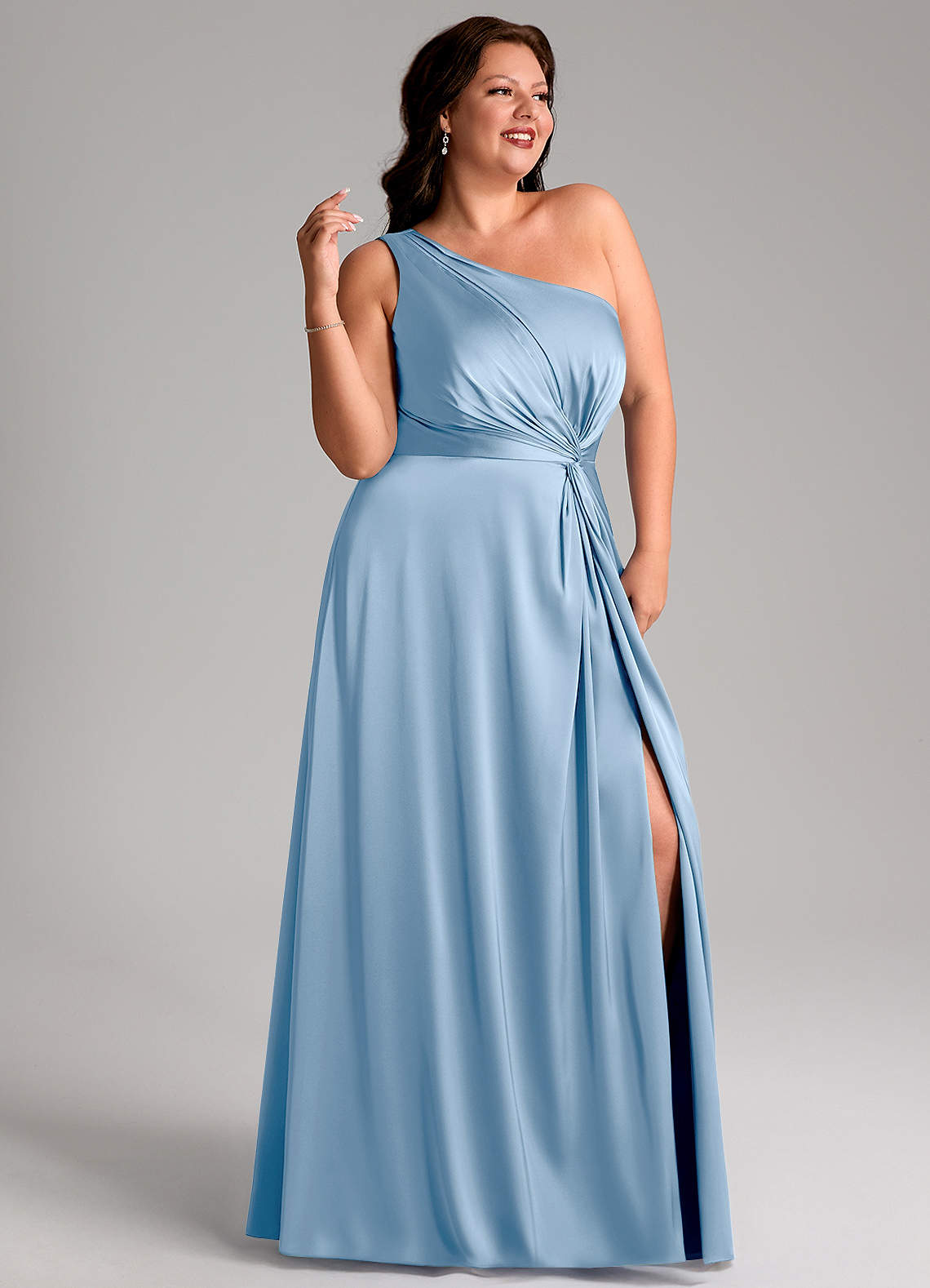 Azazie Brooke Bridesmaid Dresses Powder Blue A-Line One Shoulder Stretch Satin Dress image11