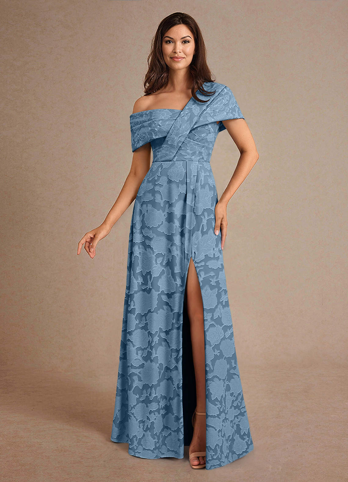 Azazie Milton Kleider für die Brautmutter A-Linie Plissee Blumen-Burnout Kleid Stahlblau image1
