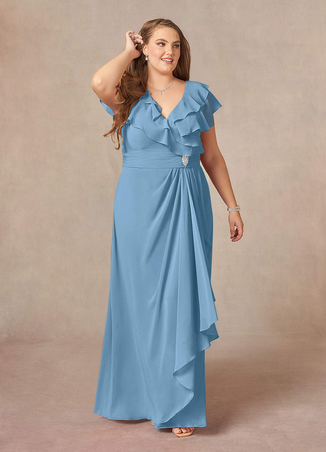 Azazie Snapdragon Mother of the Bride Dresses Steel Blue A-Line V-Neck Ruched Chiffon Dress image1