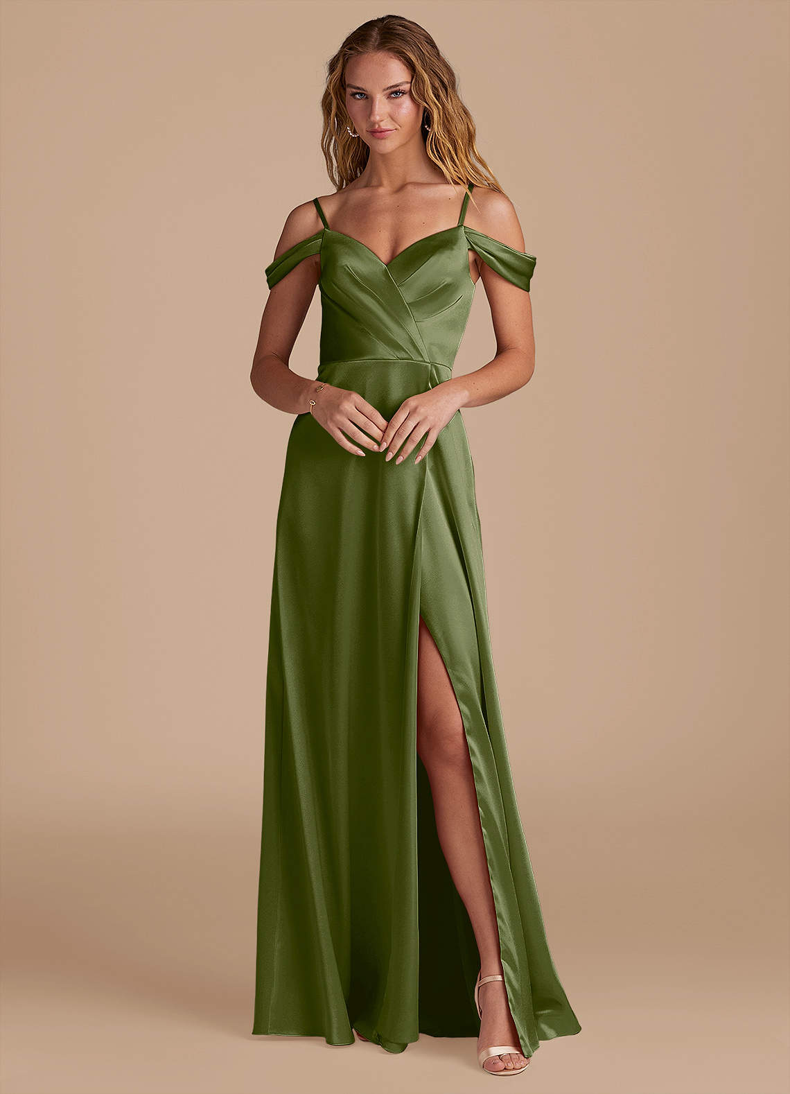 Azazie Ocean Brautjungfernkleider A-Linie Schulterfrei Metallischer Satin Kleid Olivgrün image1