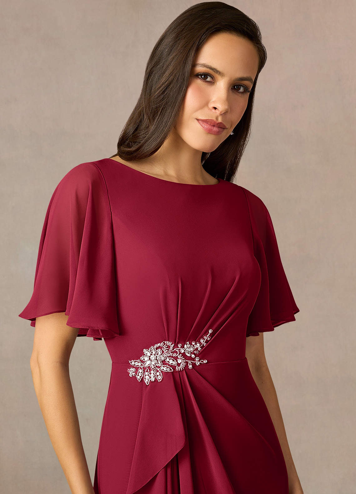 Azazie Rain Burgundy Sheath Beaded Chiffon Dress Azazie