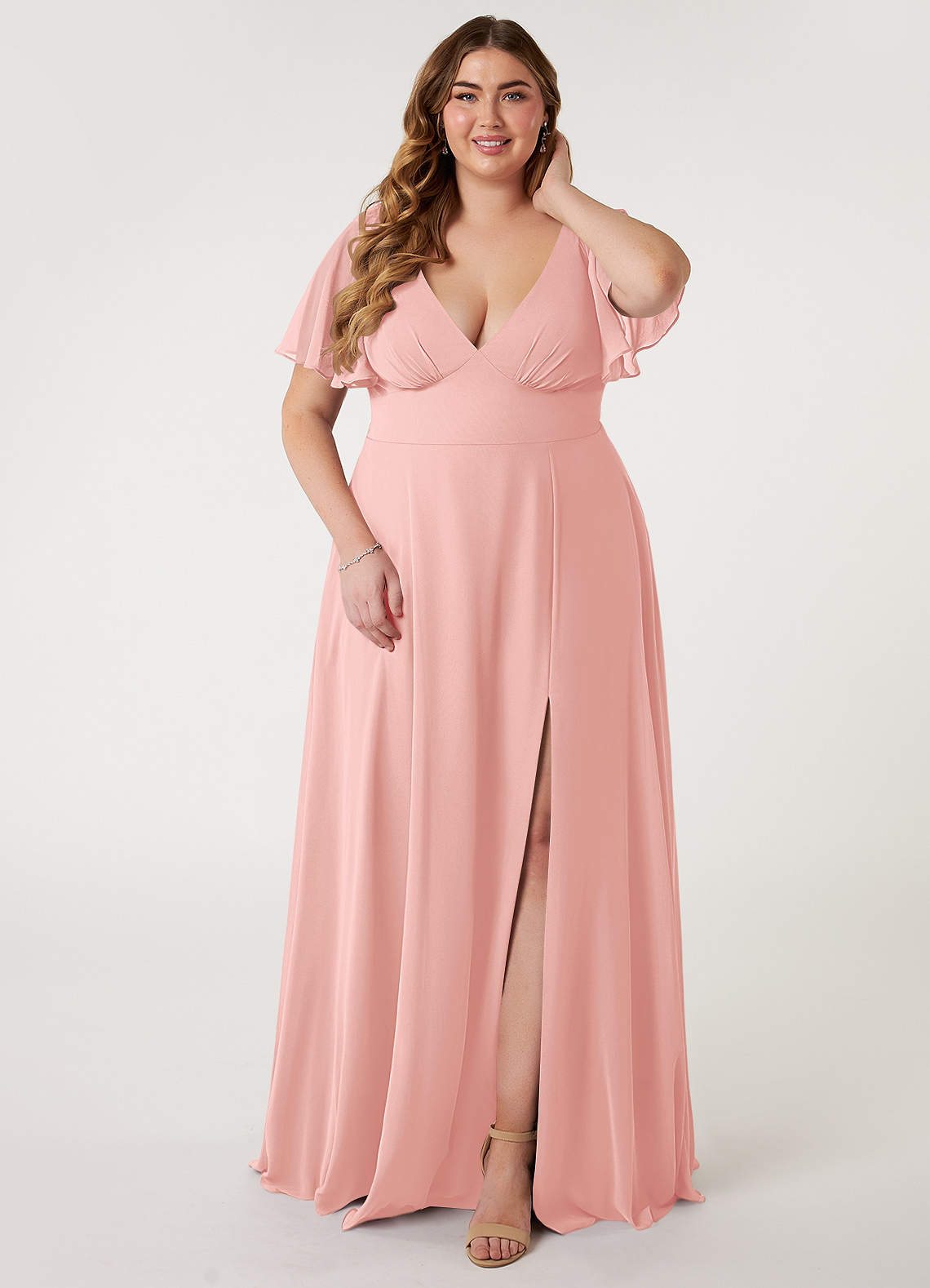 Azazie Kimber Robes de demoiselle d'honneur Robe Trapèze en Mousseline de soie Manches à volants Rosette image1