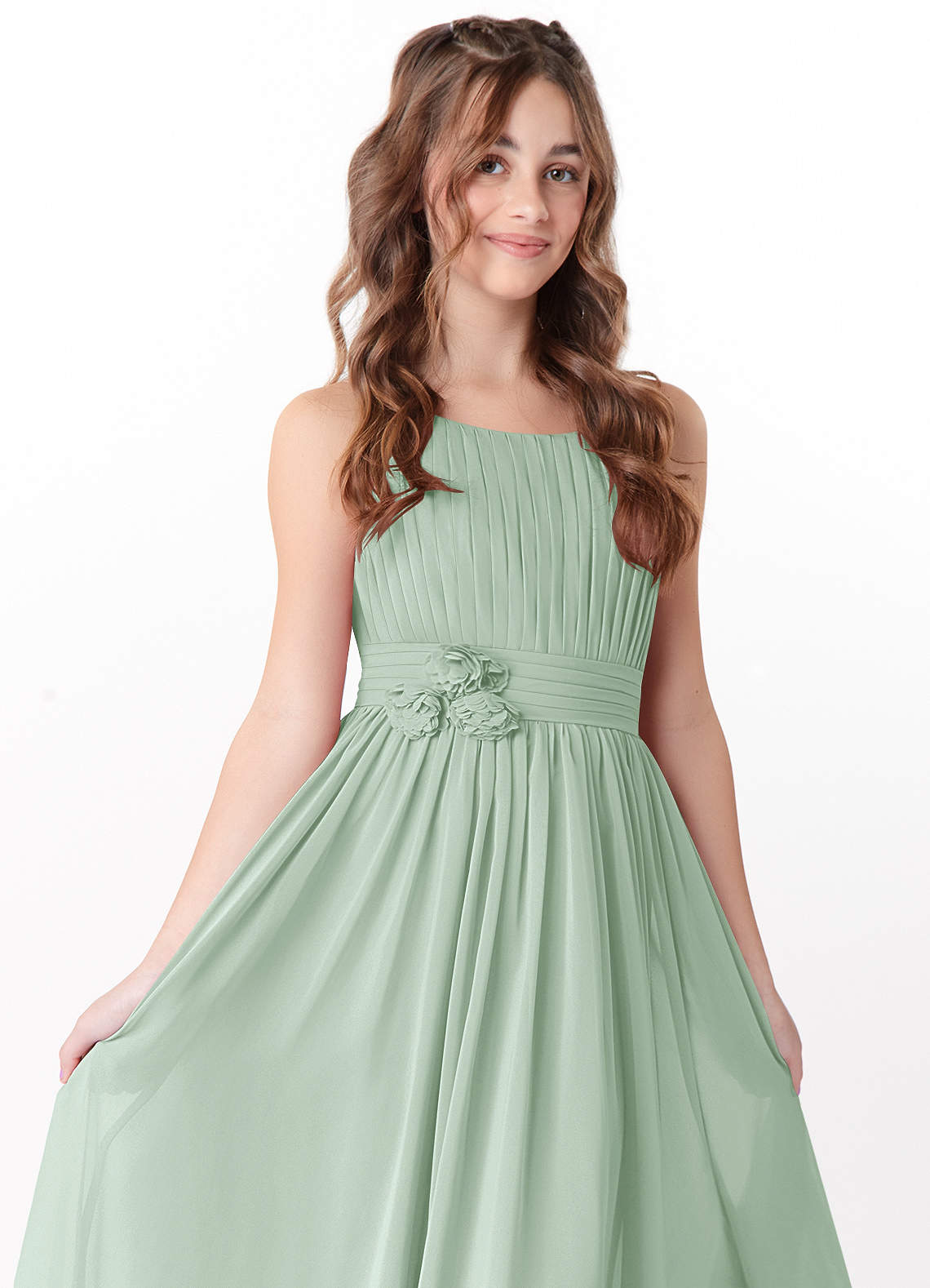 Azazie Astrid Junior Agave A-Line Floral Chiffon Dress image1