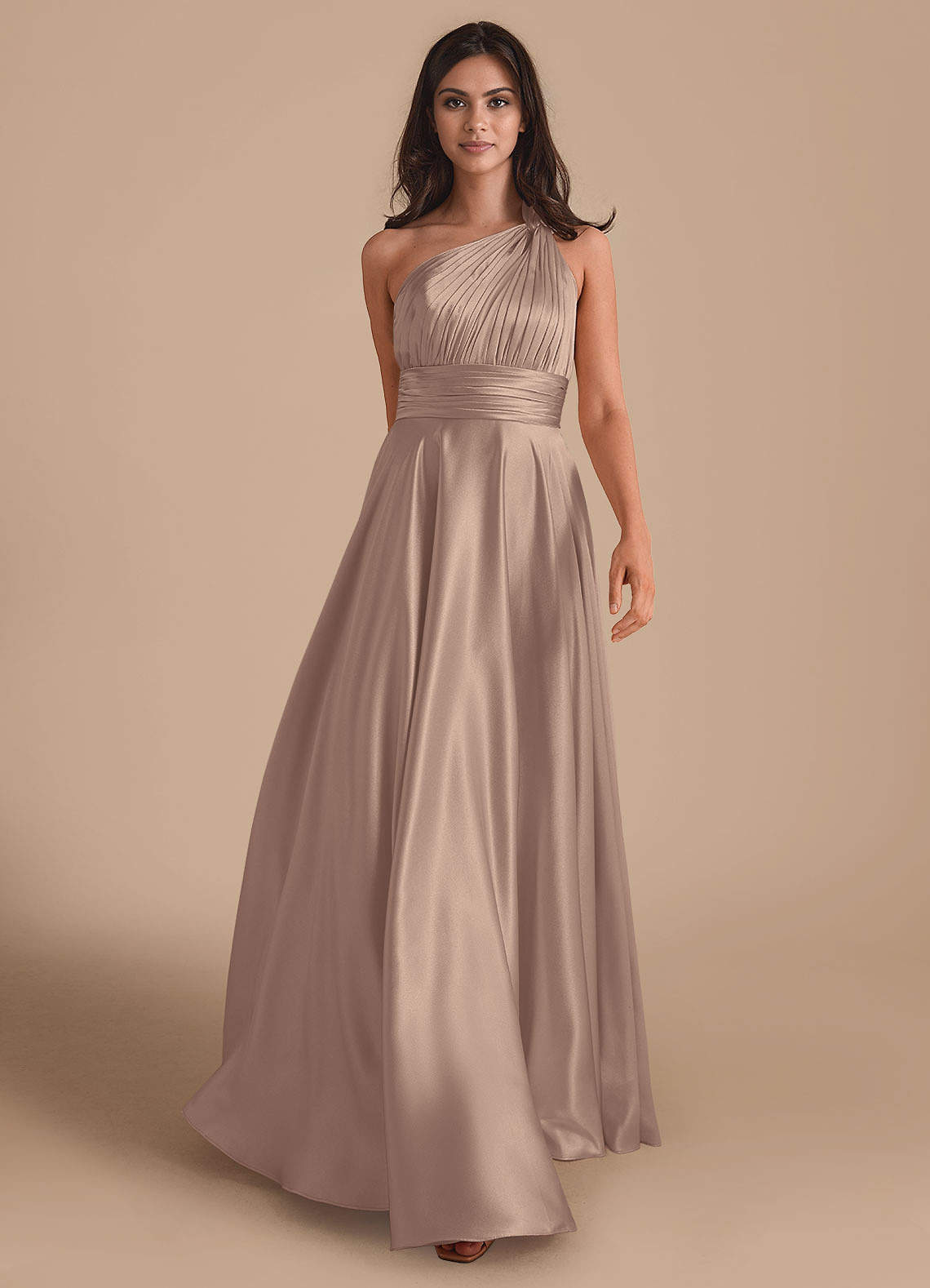 Azazie Charlize Bridesmaid Dresses Taupe A-Line One Shoulder Metallic Satin Dress image1