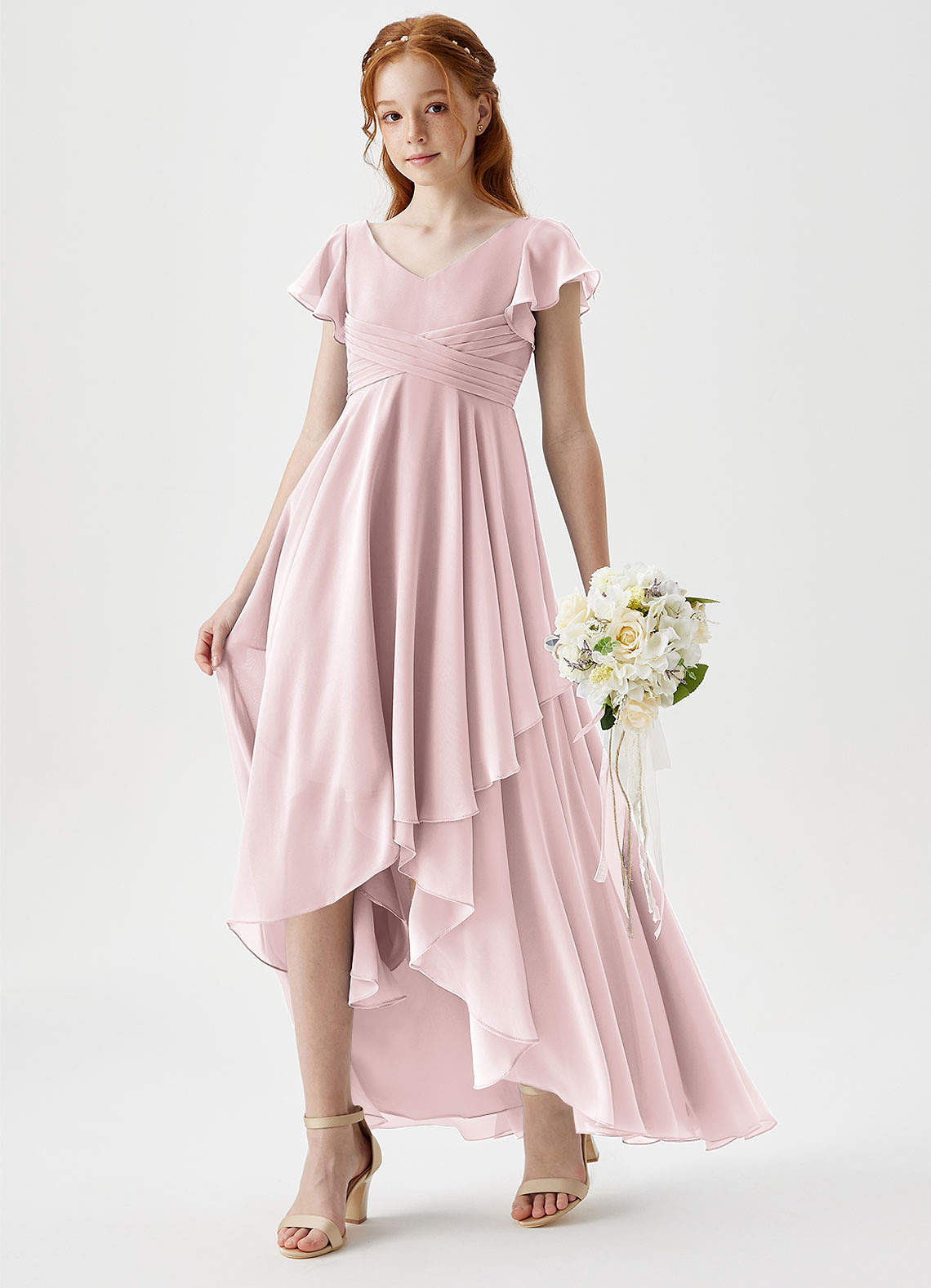 Azazie Caria Junior Blushing Pink A-Line Pleated Chiffon Dress image1