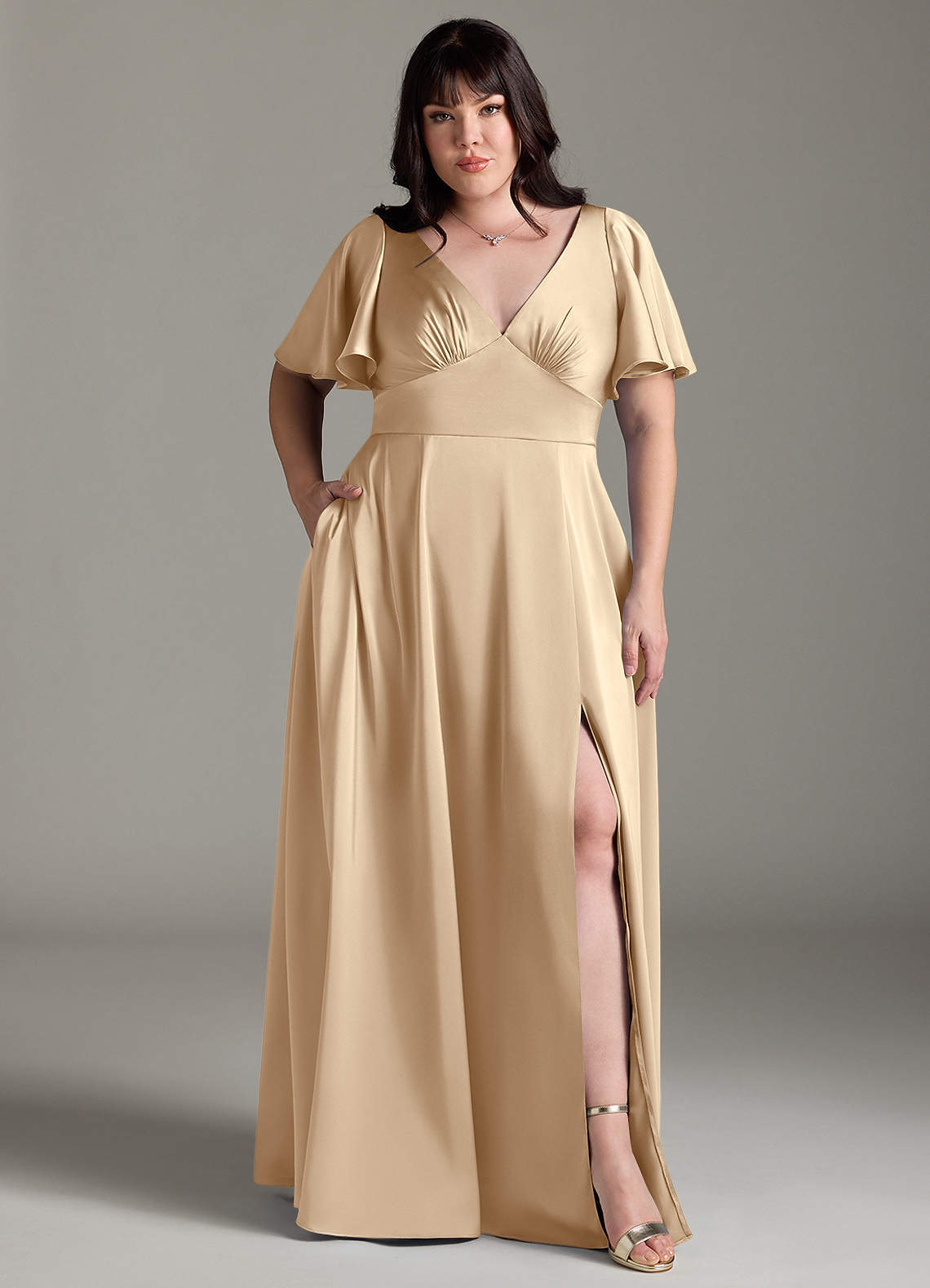 Azazie Kimber Bridesmaid Dresses Champagne A-Line Ruched Stretch Satin Dress image6