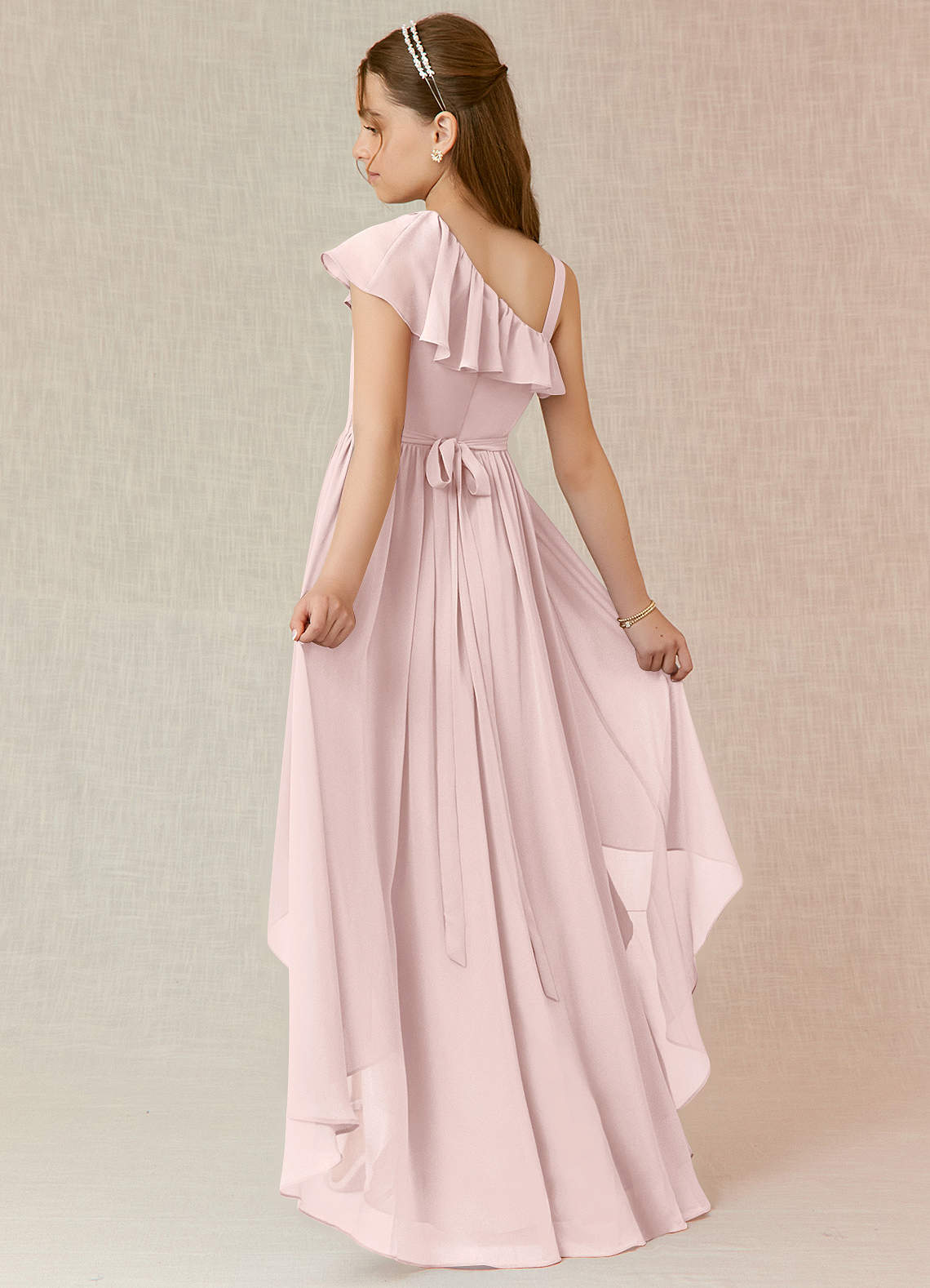 Azazie Mango Junior Blushing Pink A-Line Ruched Chiffon Dress image1