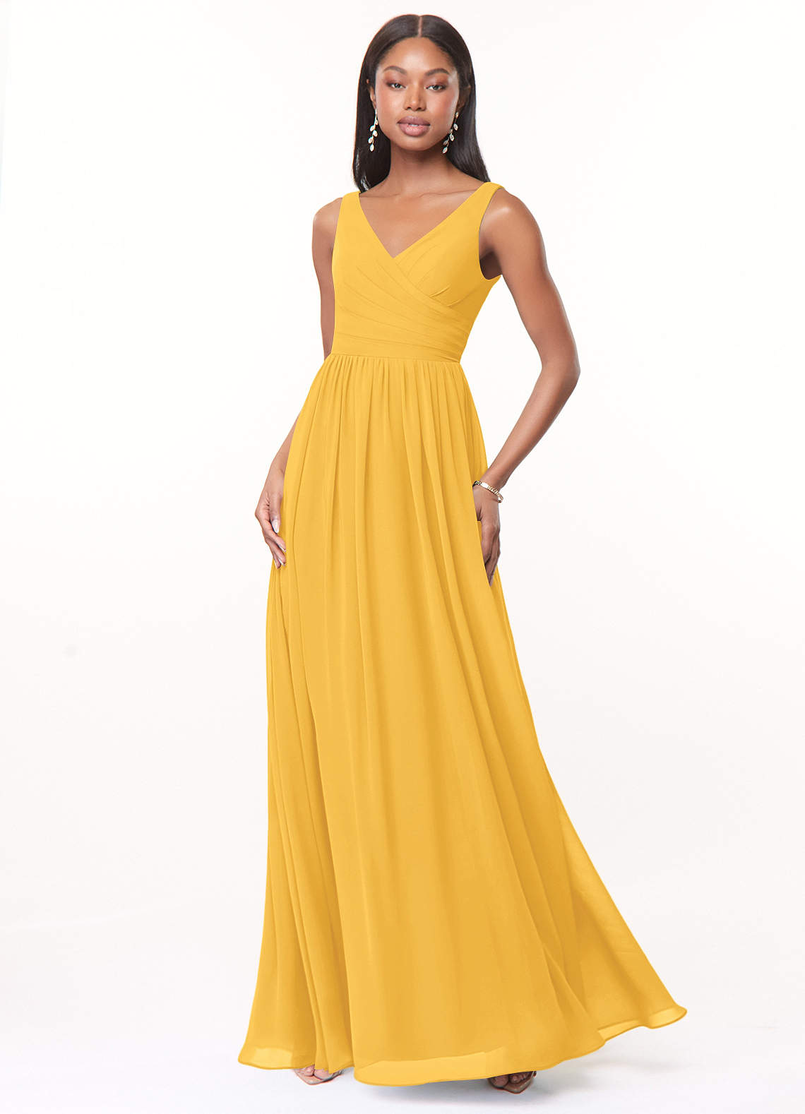 Azazie Keyla Bridesmaid Dresses Marigold A-Line V-Neck Pleated Chiffon Dress image1