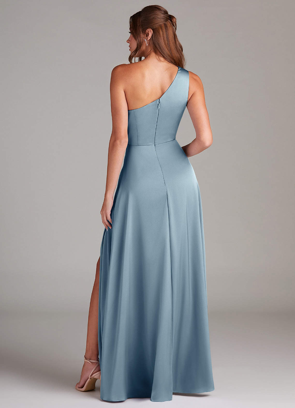 Azazie Brooke Bridesmaid Dresses Dusty Blue A-Line One Shoulder Stretch Satin Dress image6