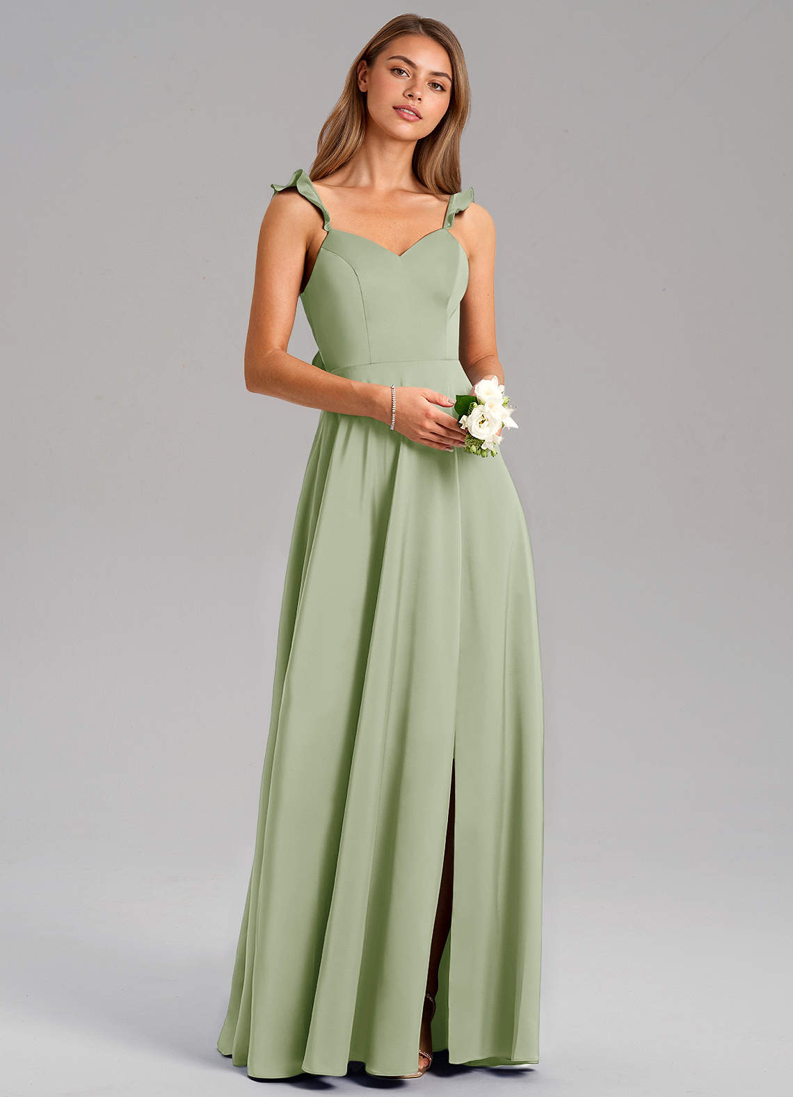 Azazie Everett Bridesmaid Dresses Dusty Sage A-Line Stretch Satin Dress image1