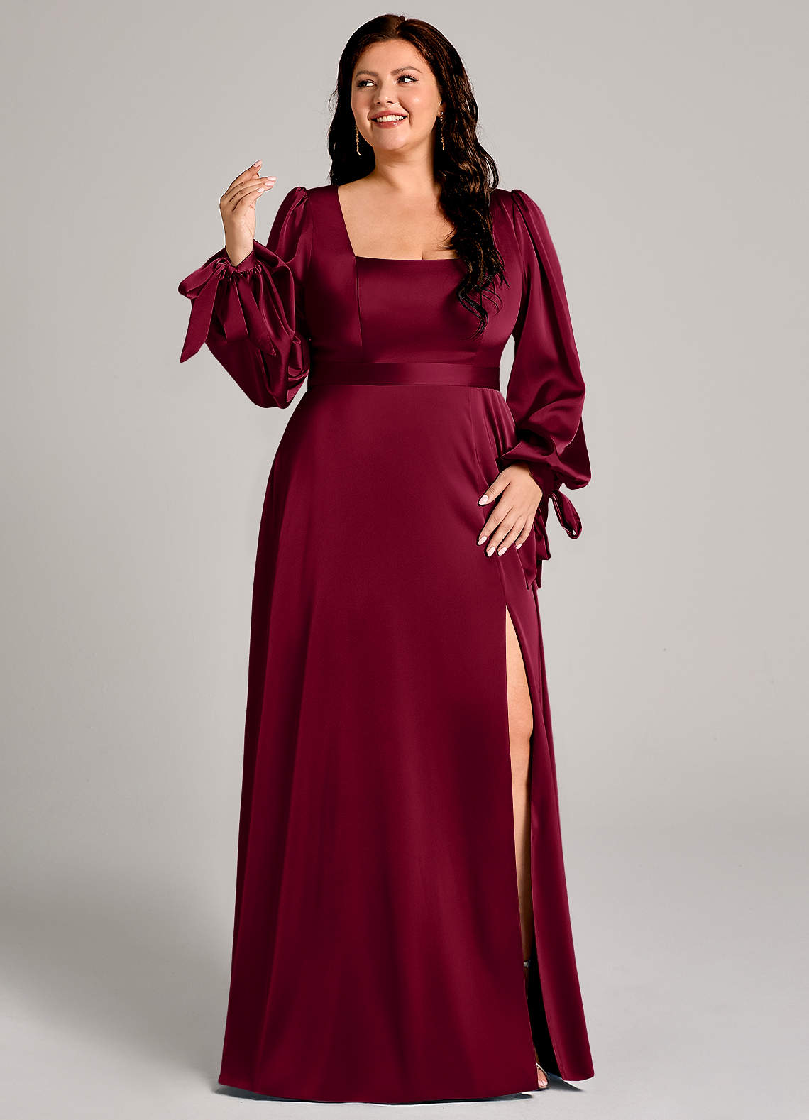 Azazie Leonia Bridesmaid Dresses Burgundy A-Line Long Sleeve Stretch Satin Dress image9