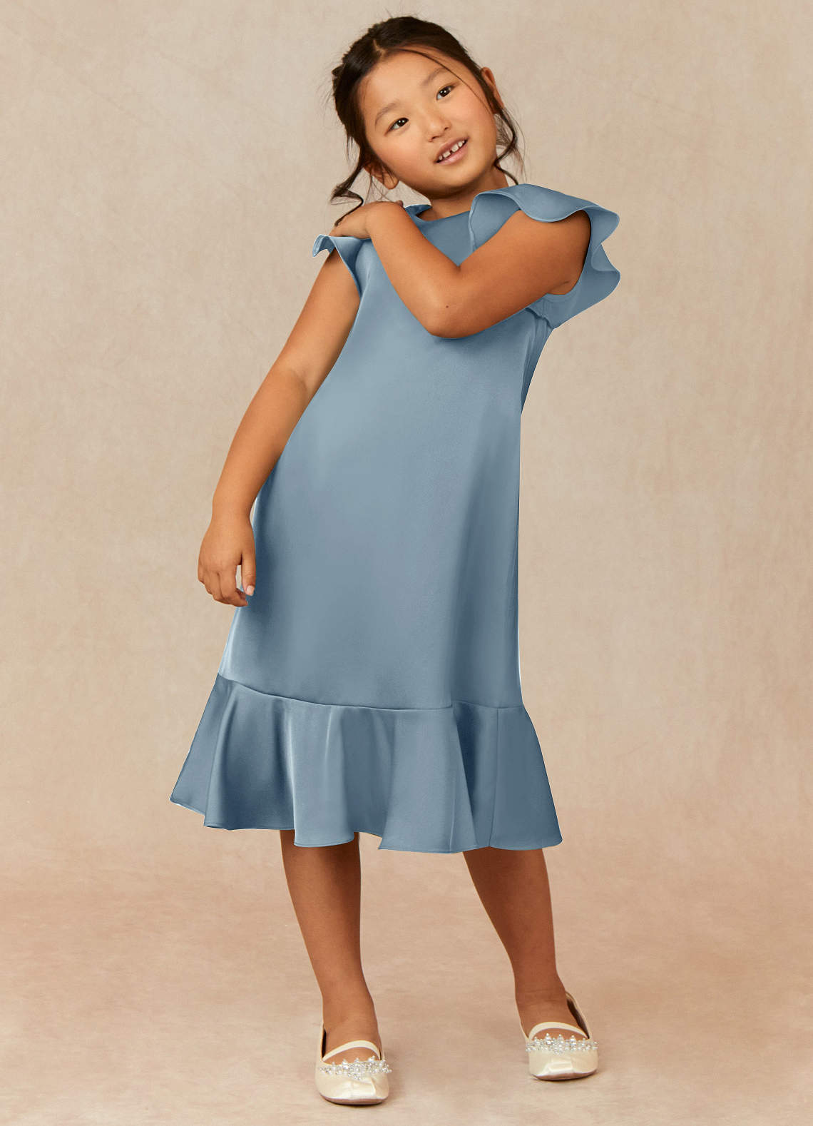 Azazie Sweet Pea Flower Girl Dresses Dusty Blue A-Line Ruched Stretch Satin Dress image1