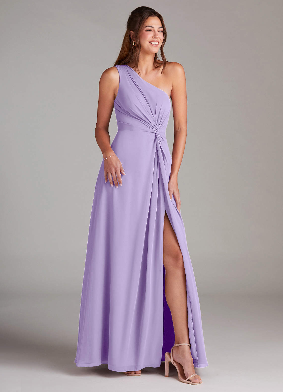 Azazie Brooke Bridesmaid Dresses Lilac A-Line One Shoulder Chiffon Dress image3