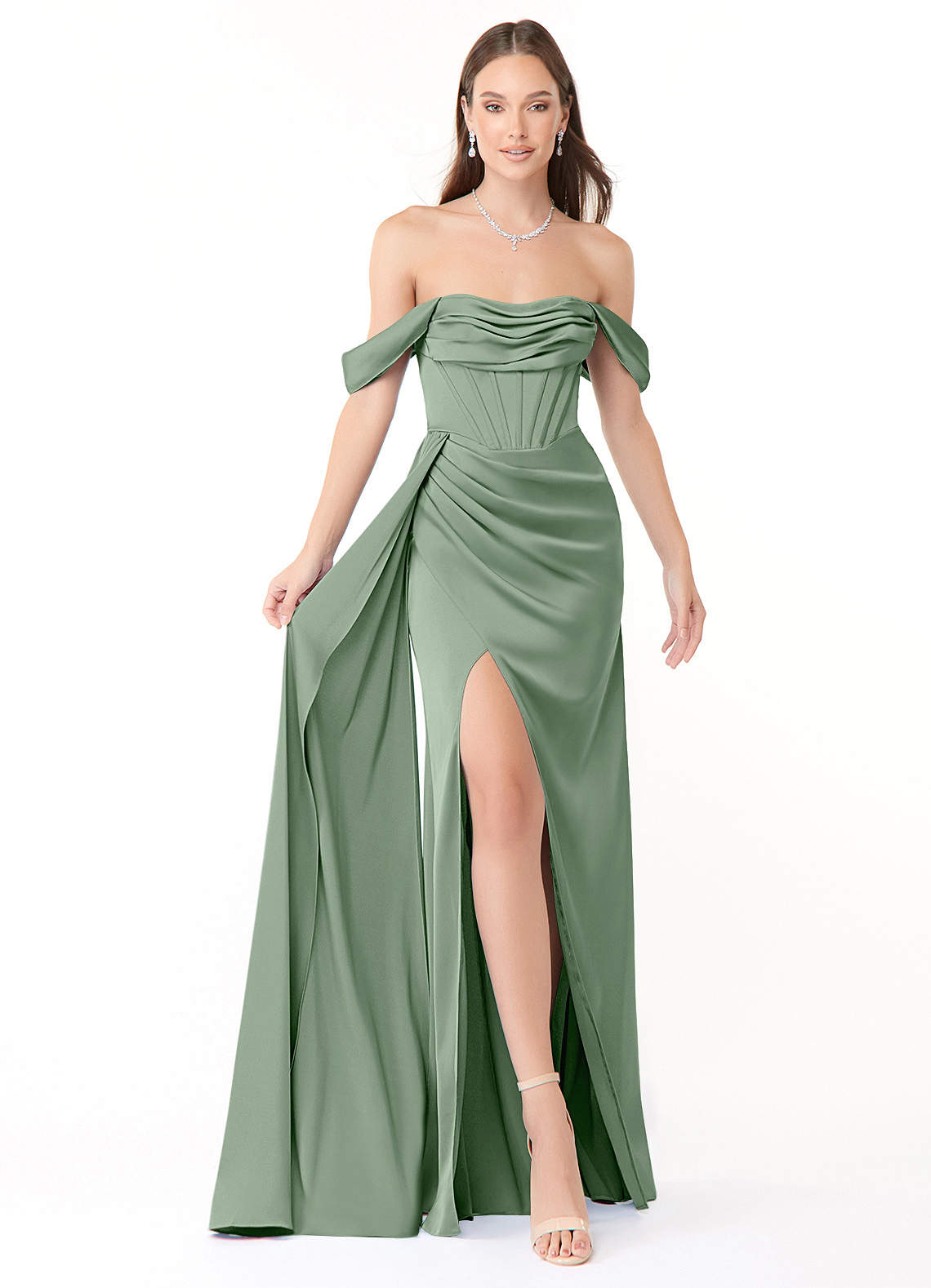 Azazie Amyra Vestidos de damas de honor Vestido de Matcha de Satén Elástico de Corte Recto Convertible con Vestidos sin tirantes image1