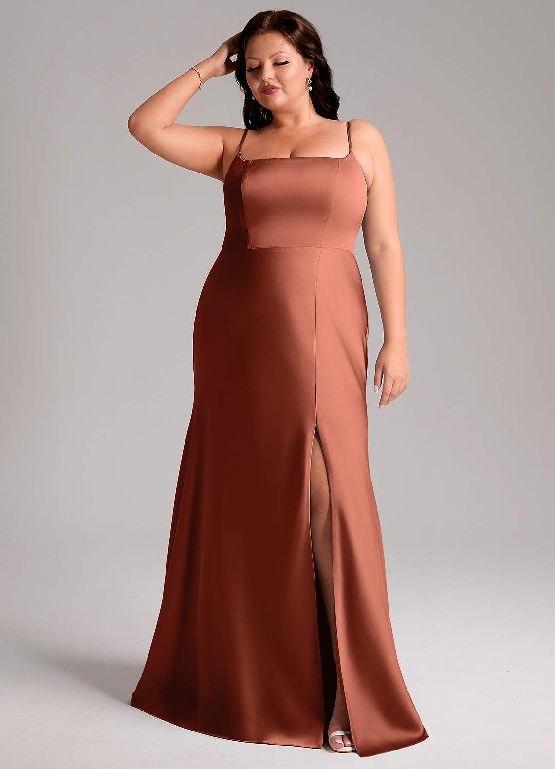 Azazie Lidia Bridesmaid Dresses Clay Mermaid Side Slit Stretch Satin Dress image1