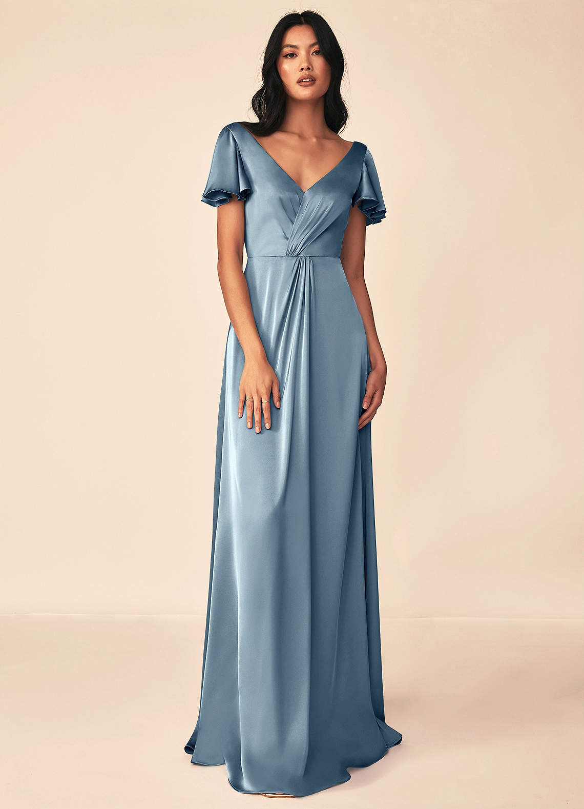 Azazie Soren Vestidos de damas de honor Vestido de Azul Polvoriento de Satén Elástico de Corte en A con Plisado image1