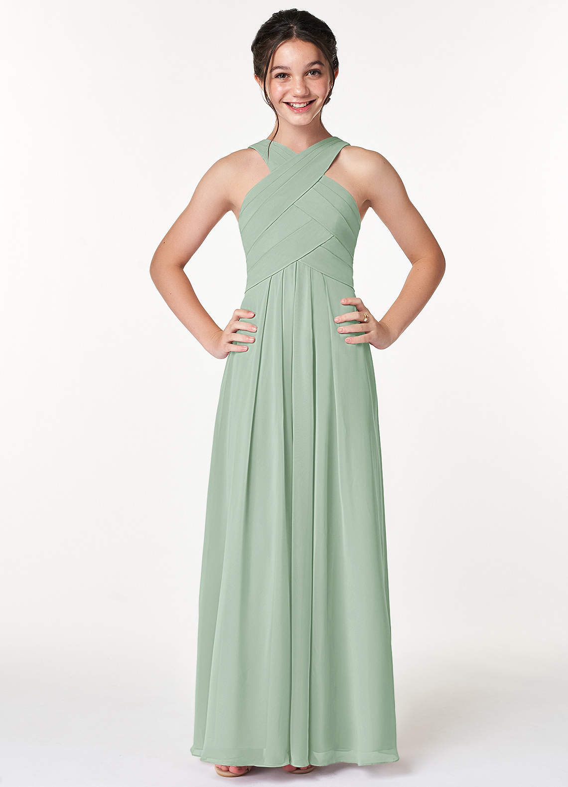 Azazie Kaleigh Junior A-Linie Plissee Chiffon Kleid Agave image1