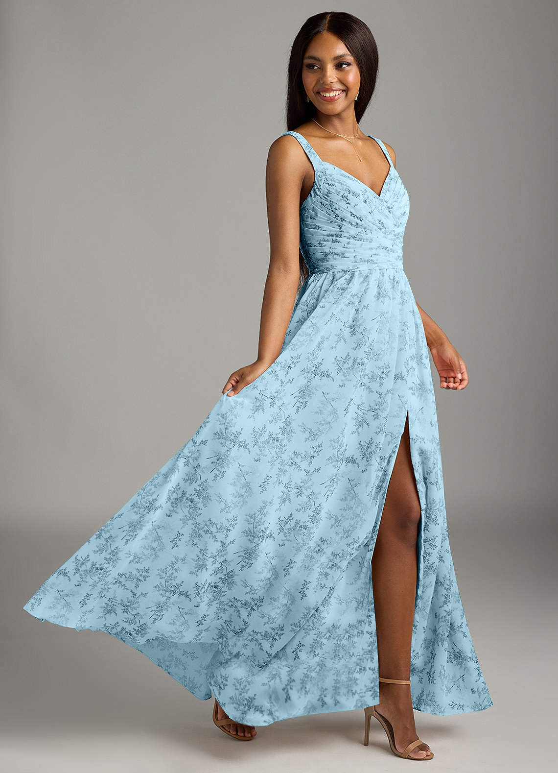 Azazie Chanel Bridesmaid Dresses Blue Fern Floral A-Line Pleated Chiffon Dress image1