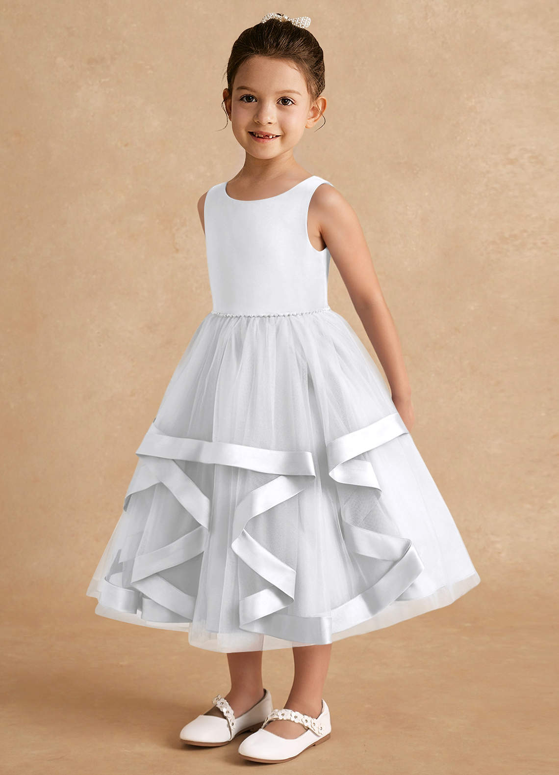 Azazie Posy Flower Girl Dresses White A-Line Beaded Tulle Dress image2