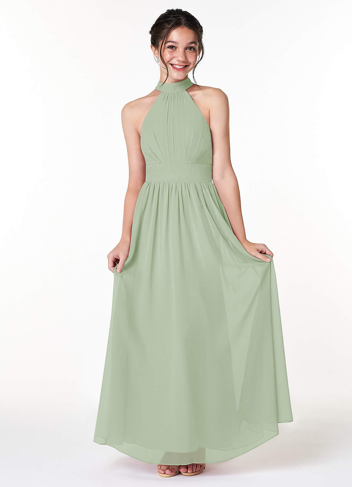 Azazie Iman Junior A-Linie Plissee Chiffon Kleid Staubiger Salbeigrün image1