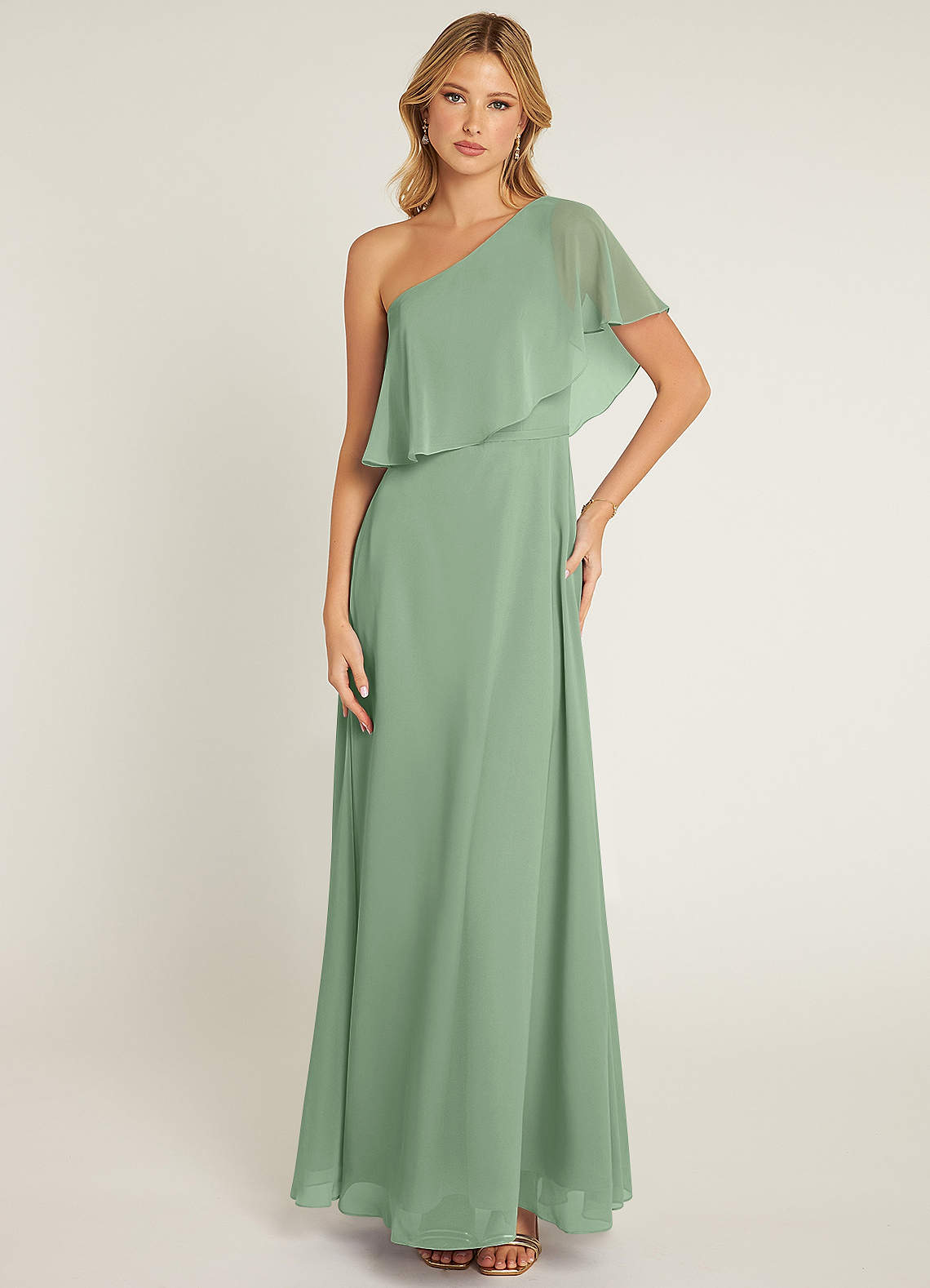 Azazie Lizzy Bridesmaid Dresses Matcha A-Line One Shoulder Chiffon Dress image1