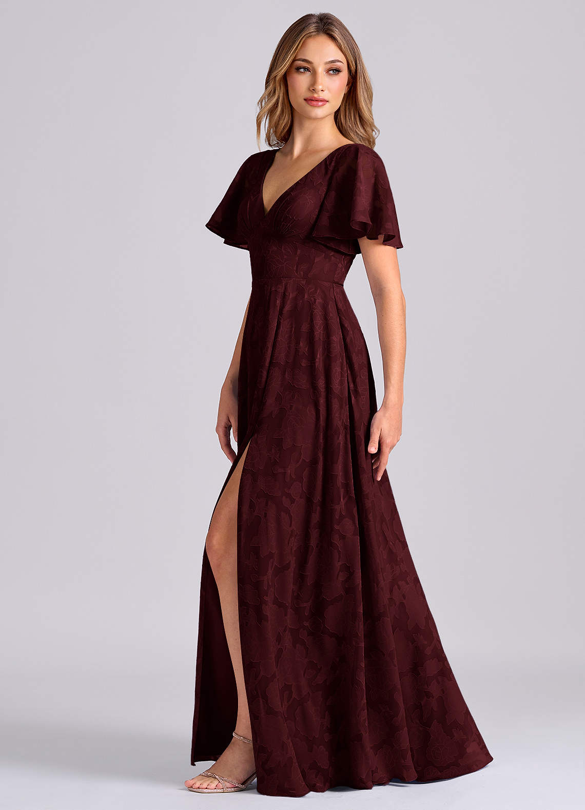 Azazie Kimber Bridesmaid Dresses Cabernet A-Line with Pockets Floral Burnout Dress image4