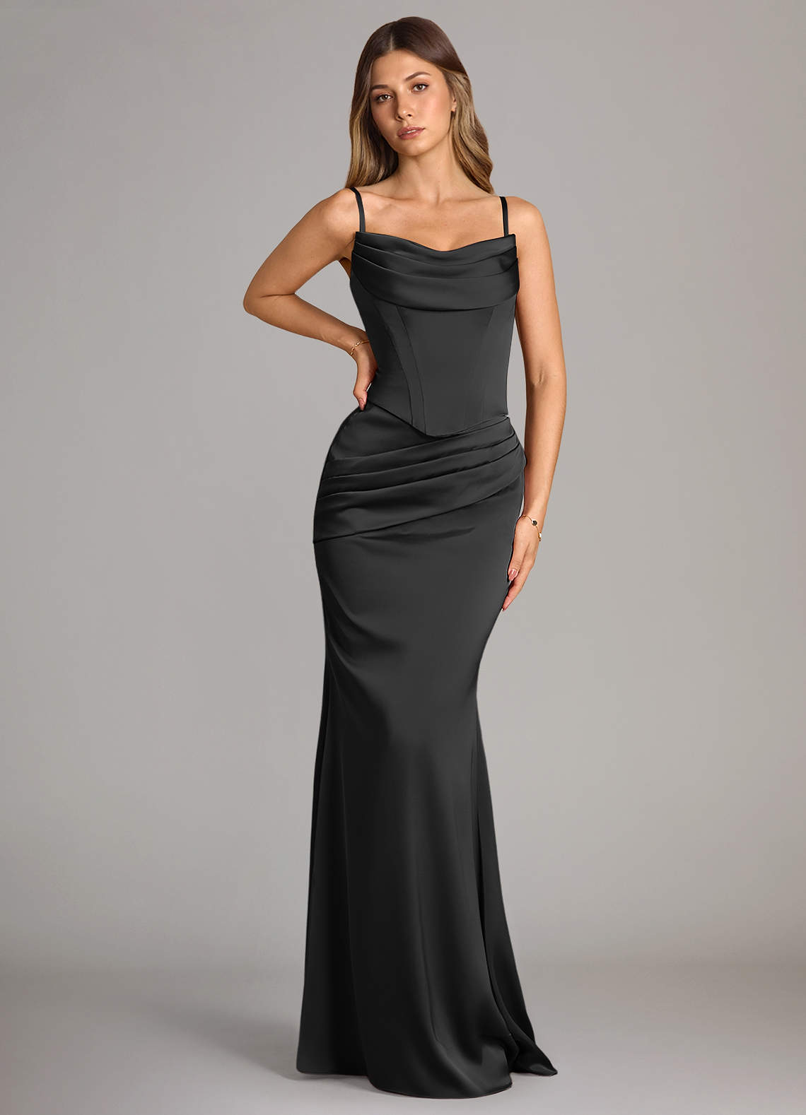 Azazie Sorrel Bridesmaid Dresses Black Mermaid Strapless Stretch Satin Convertible Dress image5