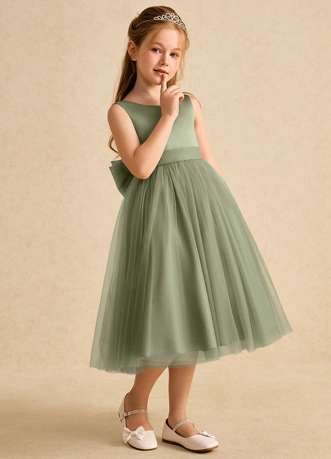 Azazie Winnie Flower Girl Dresses Pistachio Ball-Gown Bow Tulle Dress image5